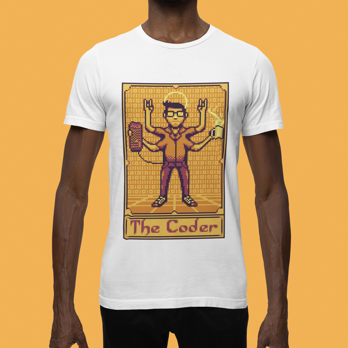 'The Coder' tarot card t-shirt in white, man model wearing it against an orange background, funny gift for developers