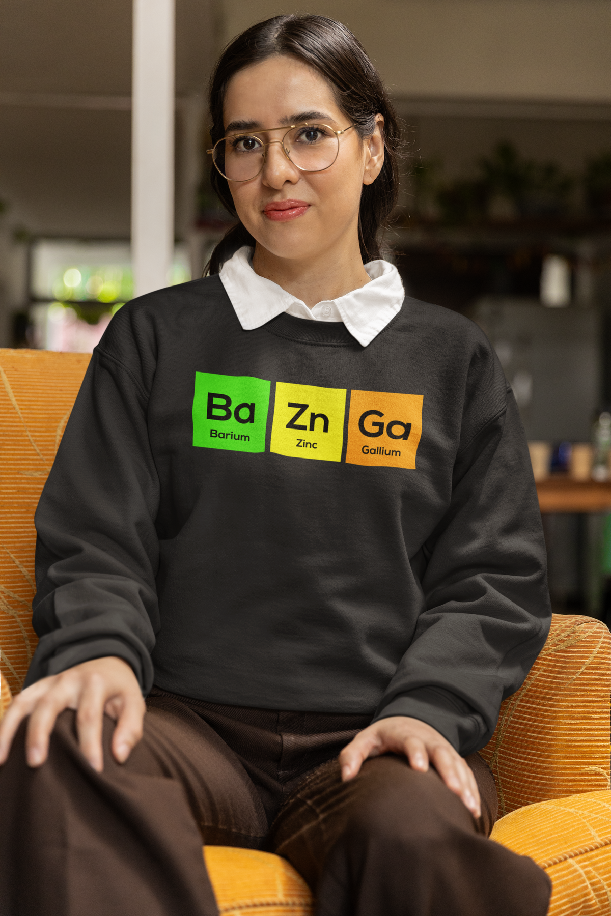 Ba-Zn-Ga periodic table Bazinga element pun crewneck sweatshirt, flat lay with the graphic centered