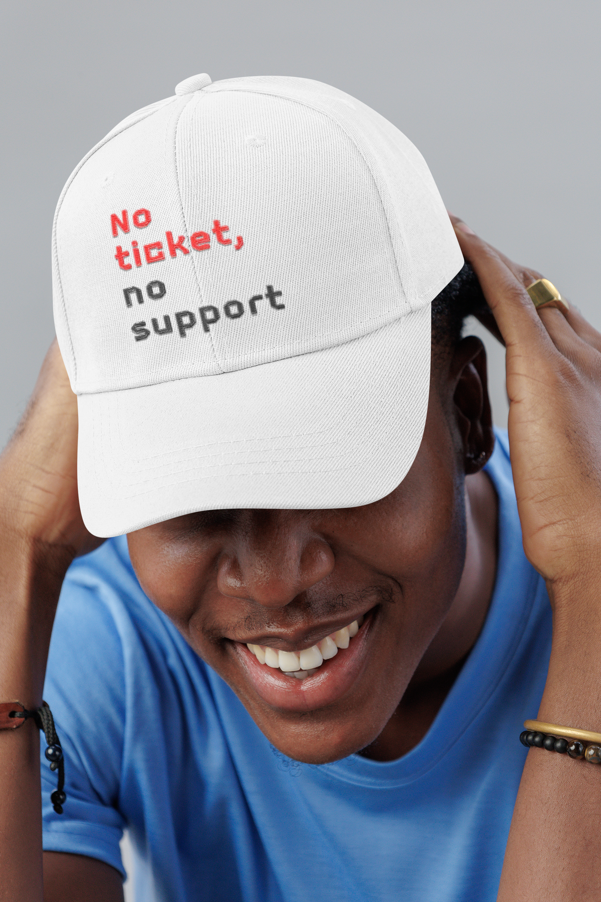No Ticket No Support IT dad hat, smiling man in a studio, lifestyle mockup, Geekpsters