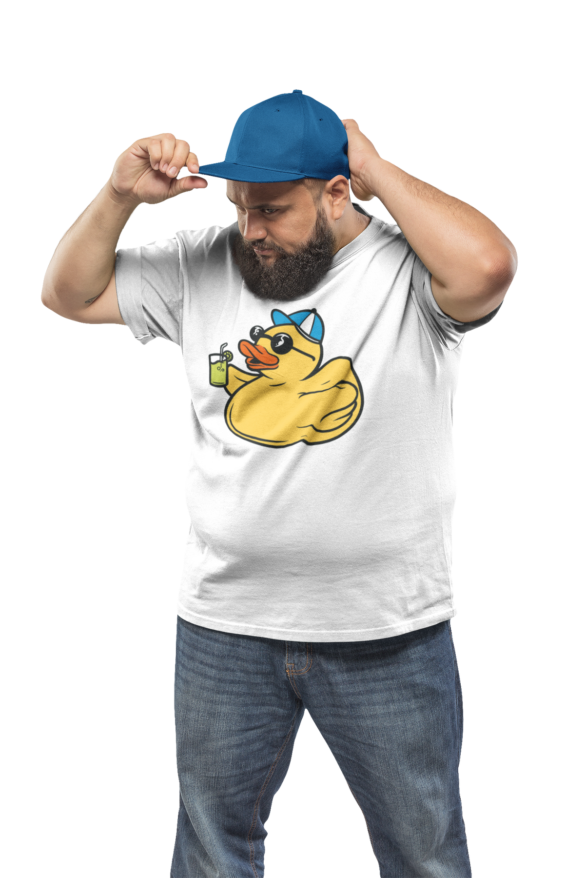 Vacation duck t-shirt in white, man model wearing it with a blue cap on a black background, funny summer gift