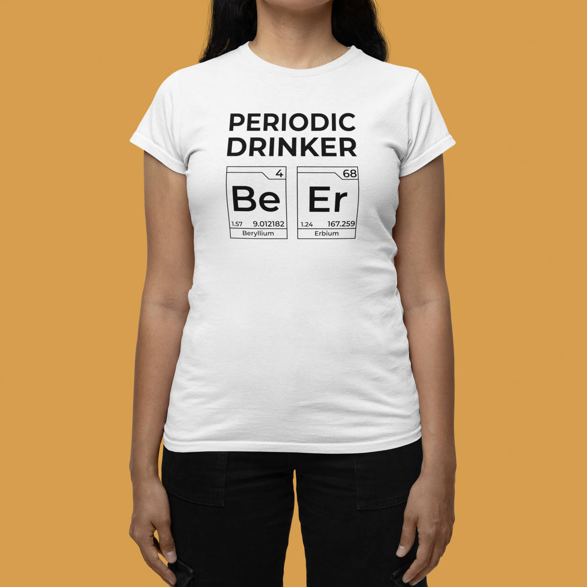 Periodic Drinker 'Beer' Women's T-Shirt in white, woman modeling against an orange backdrop, gift