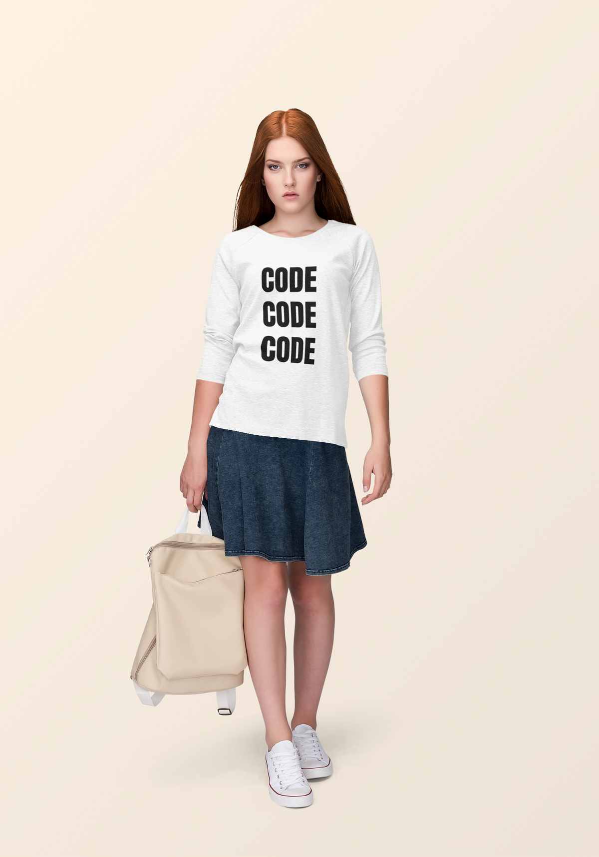 "Code Code Code" sweatshirt in white, woman wearing it with a skirt, funny programmer gift sweatshirt