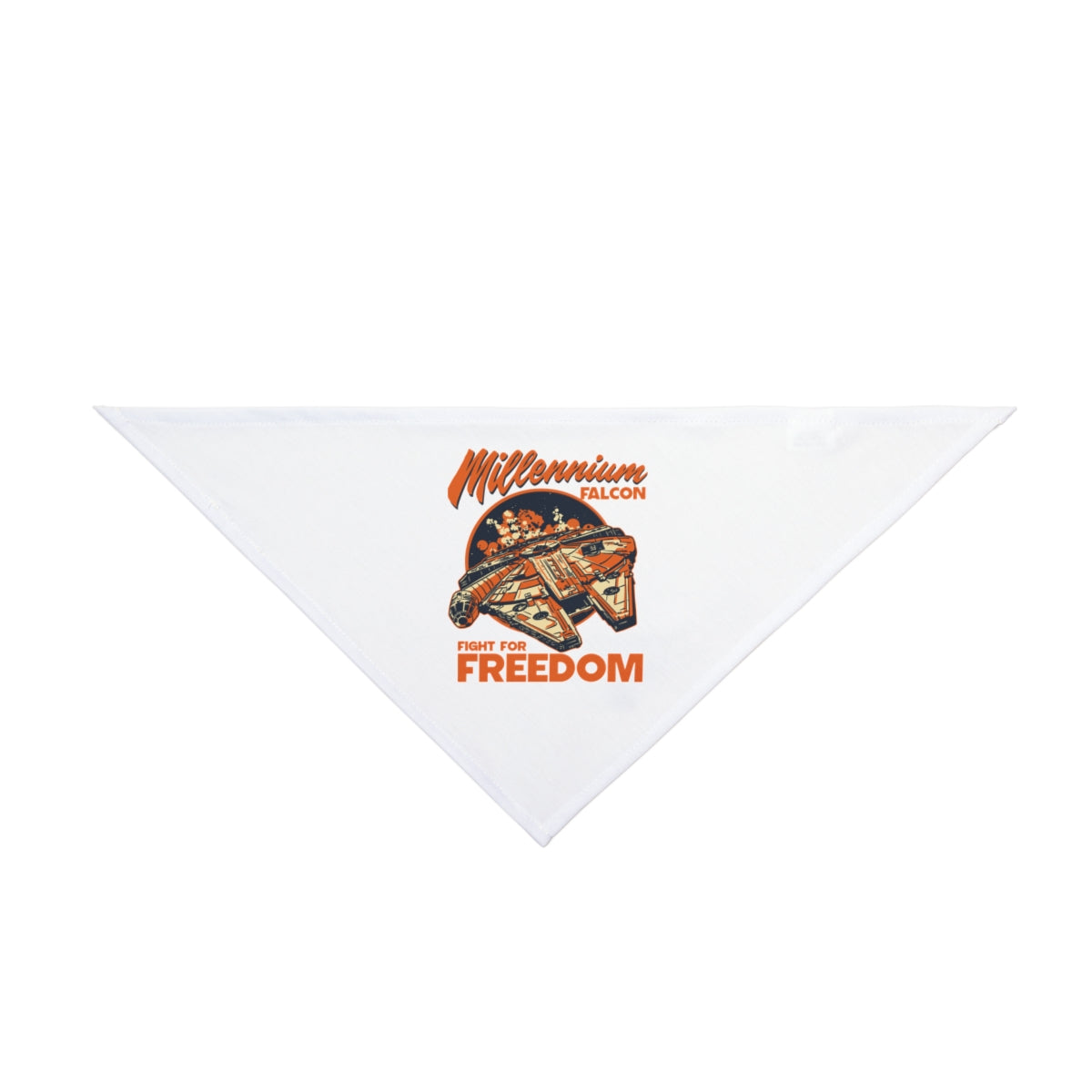 The Falcon - Pet Bandana is an eco-friendly white accessory with a Millennium Falcon illustration and "Millennium Falcon" and "Fight for Freedom" in orange and red—ideal for Star Wars-loving pets.