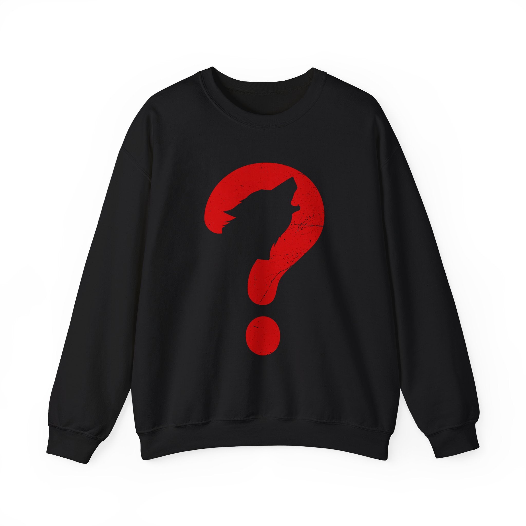 The "Wolf - Sweatshirt" is a black top displaying a large red question mark with a wolf silhouette inside, ideal for pop culture fans wanting to add mystery to their style.