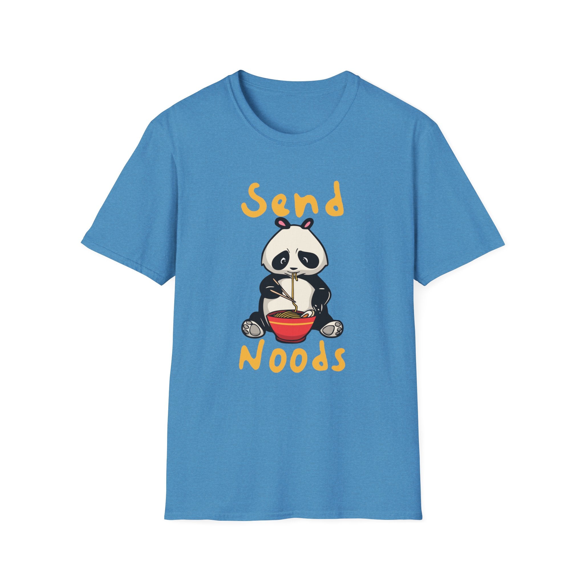 The Send Noods T-Shirt is a stylish blue top showcasing an adorable cartoon panda savoring noodles, highlighted by the fun and vibrant yellow phrase "Send Noods." This trendy t-shirt adds a playful flair to any ensemble.