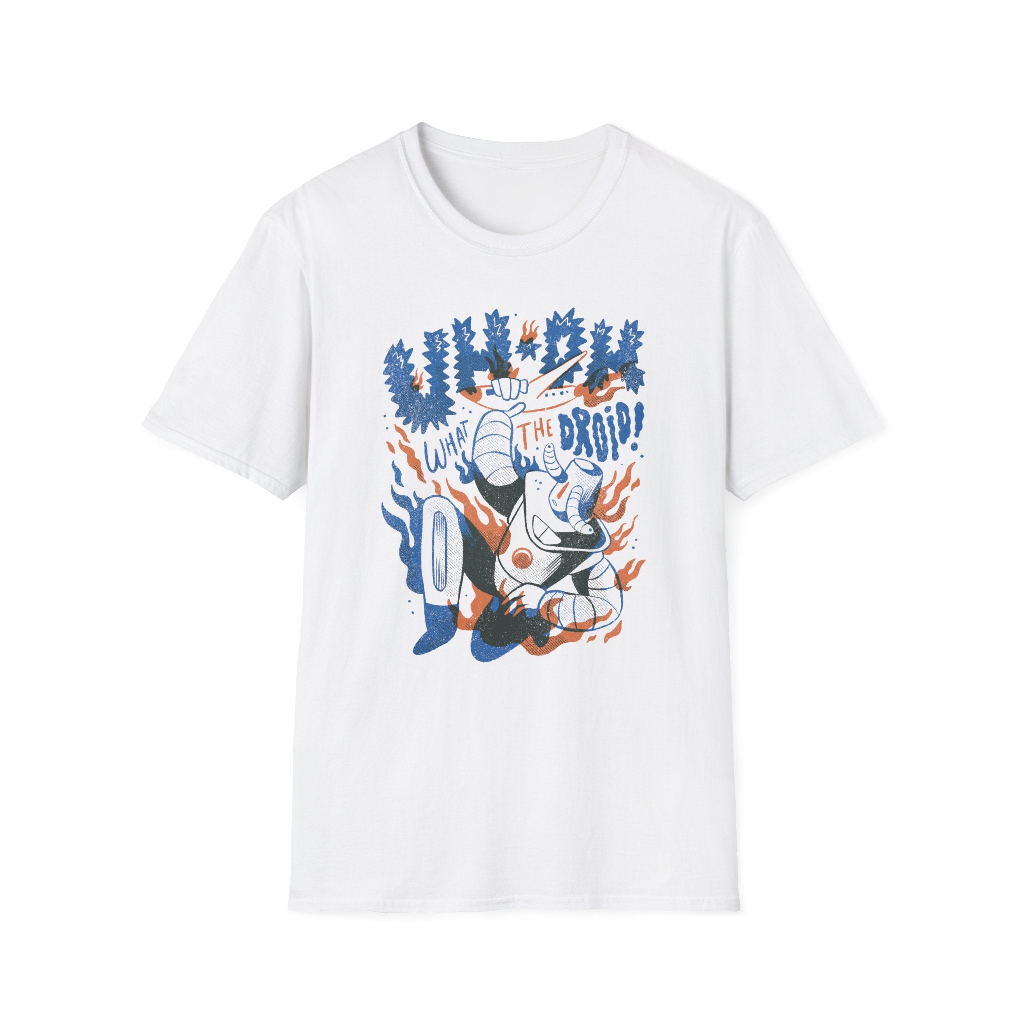 UH-OH Droid Attack T-Shirt showcasing a colorful, retro-style illustration of a robot with the bold text "Live the Dream!" evoking a Robocop-inspired vibe.