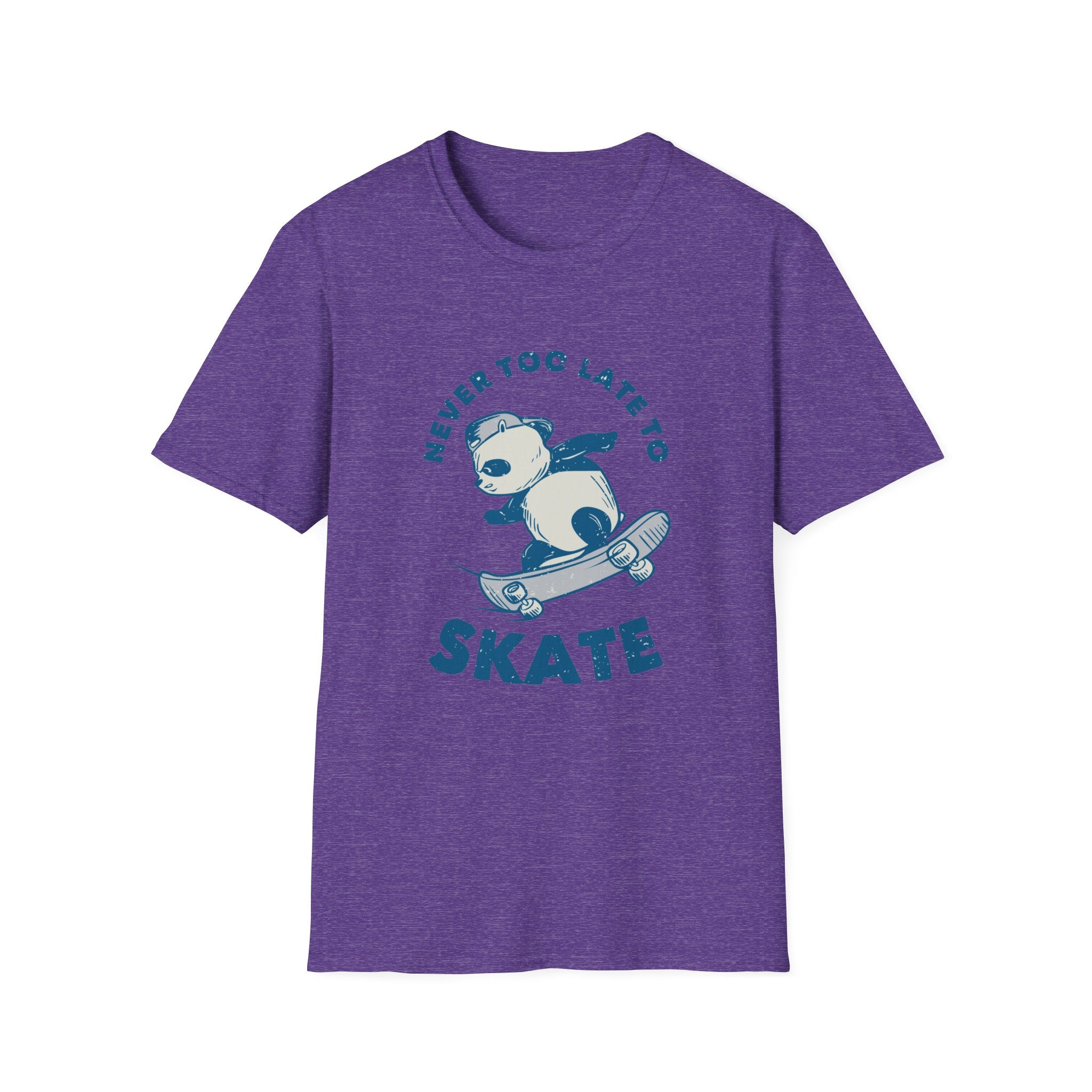 The "Never Too Late to Skate" T-shirt in purple showcases a cartoon panda on a skateboard, making it a great choice for anyone who loves skating.