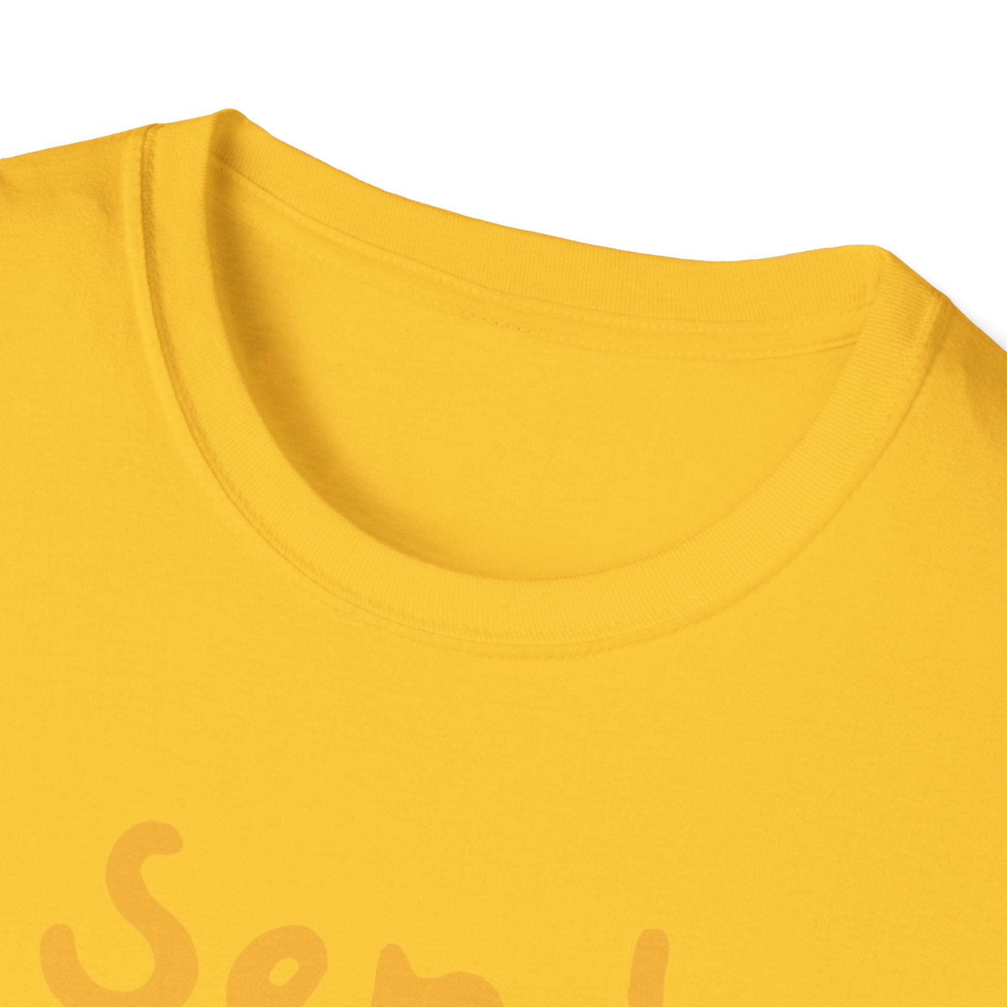 Close-up of the Send Noods T-Shirt in yellow, showcasing a fashionable fit with text in a lighter shade that stands out.