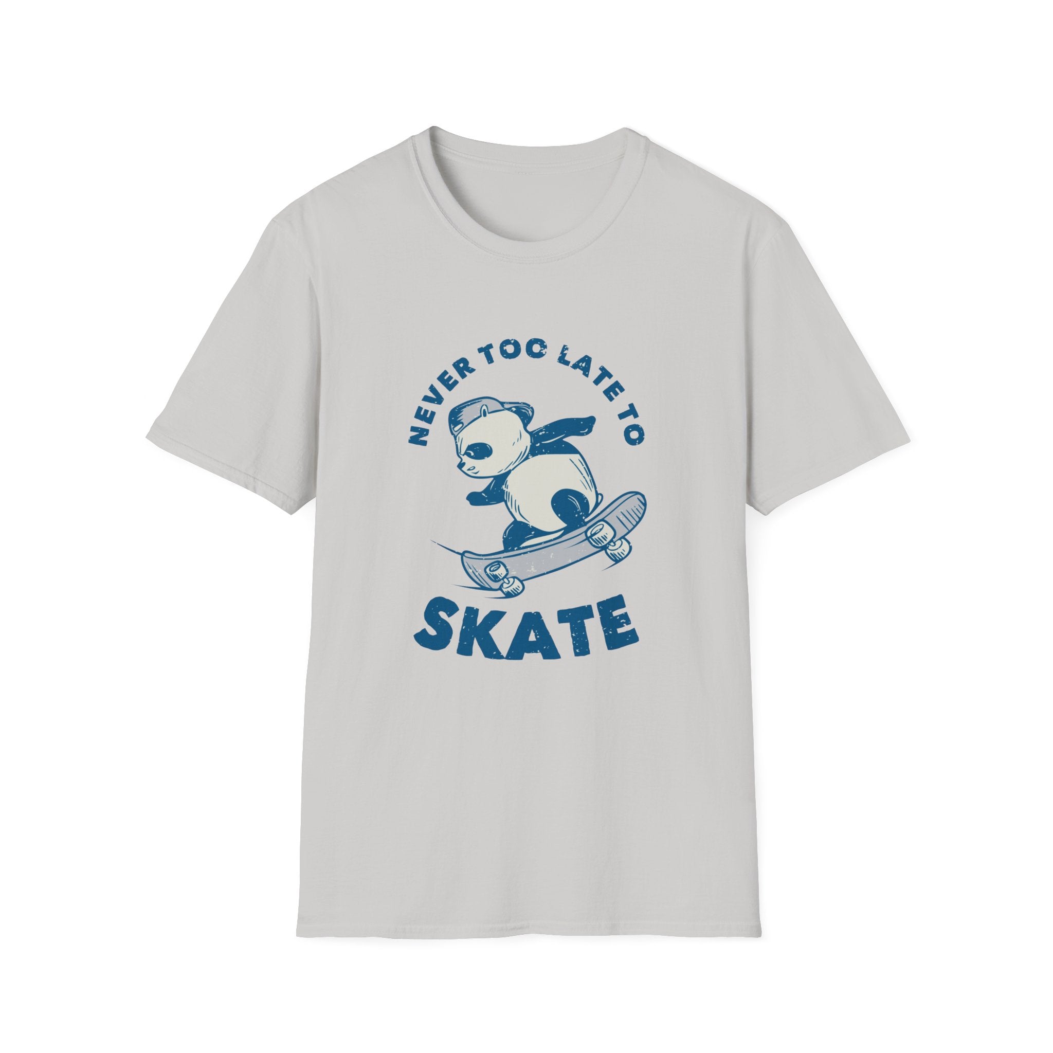 The "Never Too Late to Skate" T-shirt is a gray skate tee showcasing a graphic of a bear on a skateboard, accompanied by the phrase "Never Too Late to Skate" in blue. Ideal for skating enthusiasts who embrace the belief that it's always the right time to enjoy the ride.