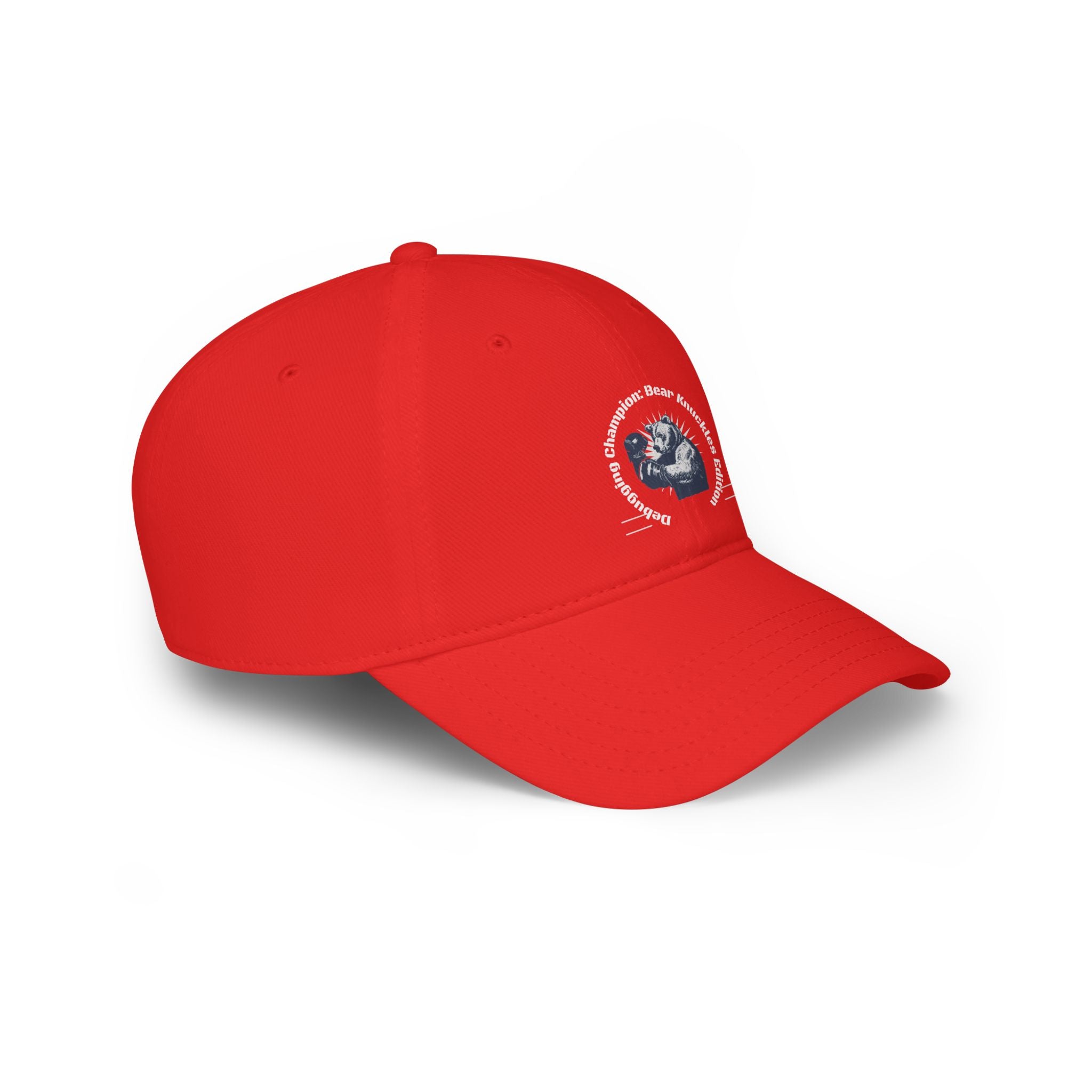 The Debugging Champion - Hat is a red baseball cap with reinforced stitching, adorned on the front panel with a circular logo showcasing a dark blue globe accented in white and blue.