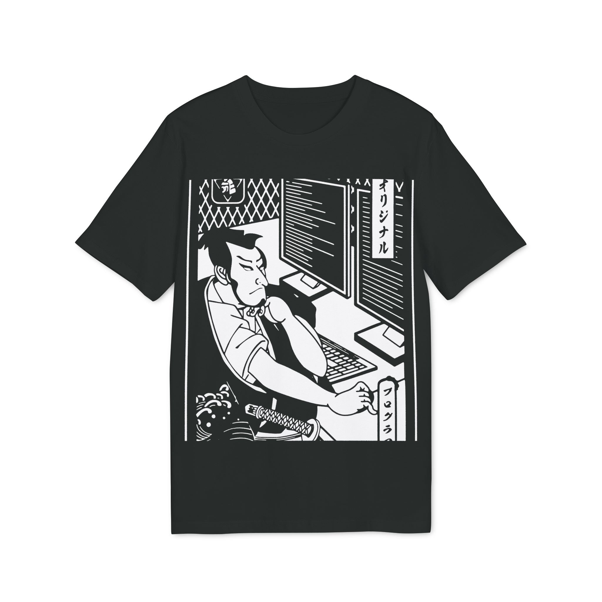 The Samurai Coding - Organic T-Shirt features a graphic of a traditional Japanese figure coding at a computer with visible code and Japanese text. Made from organic cotton, it’s perfect for eco-conscious programmers.