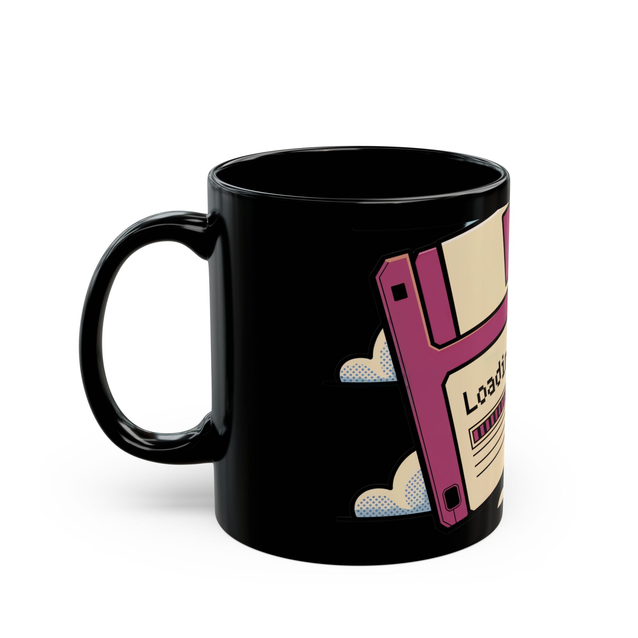 The Floppy disk - Black Mug is a ceramic mug featuring a retro "Loading" floppy disk design with cartoon clouds—a perfect coffee gift for programmers.