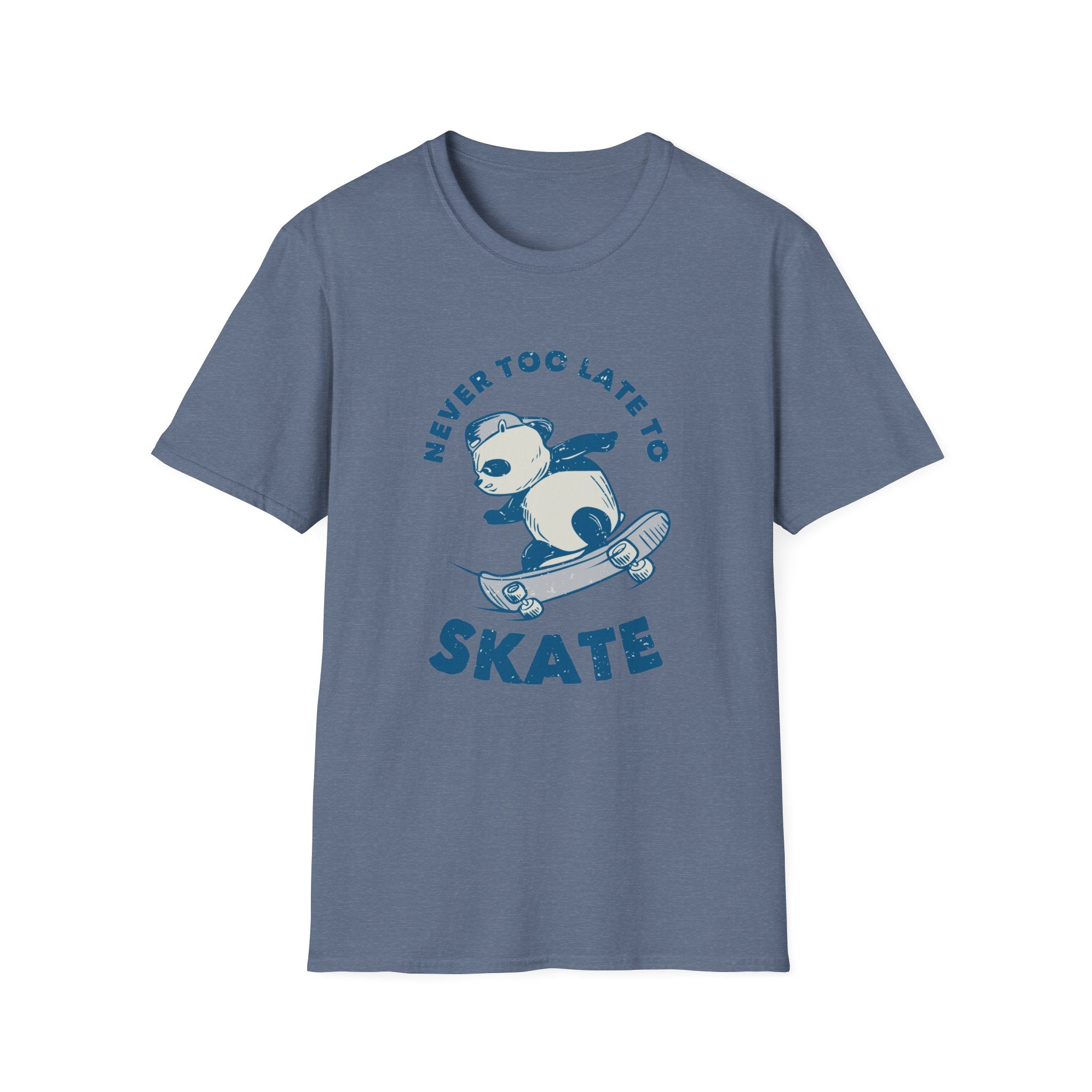 Gray Never Too Late to Skate T-Shirt featuring a bear joyfully skateboarding while wearing a hat and scarf. Perfect for skating enthusiasts, with bold text that declares, "Never Too Late to Skate.