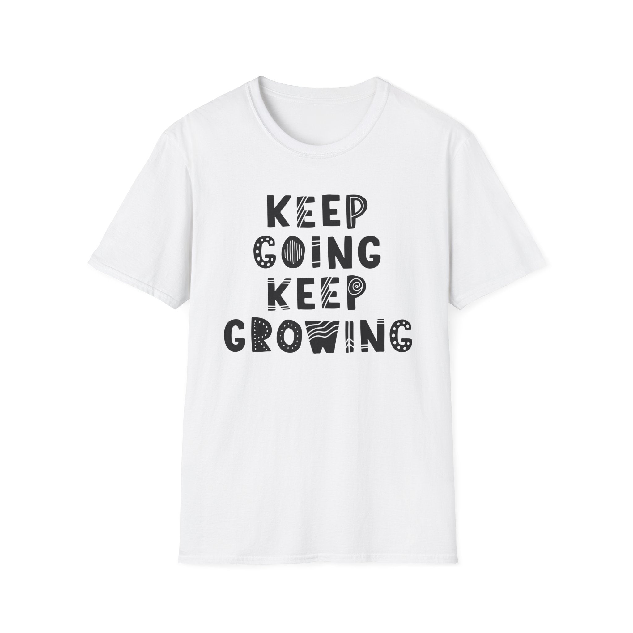 Keep Going, Keep Growing T-Shirt with a motivational phrase showcased in bold, decorative black lettering.
