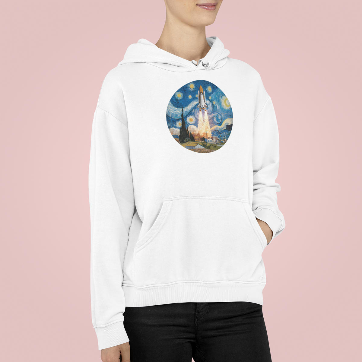 Van Gogh Spaceship Hoodie in white, woman wearing it against pink backdrop, starry night rocket sweatshirt