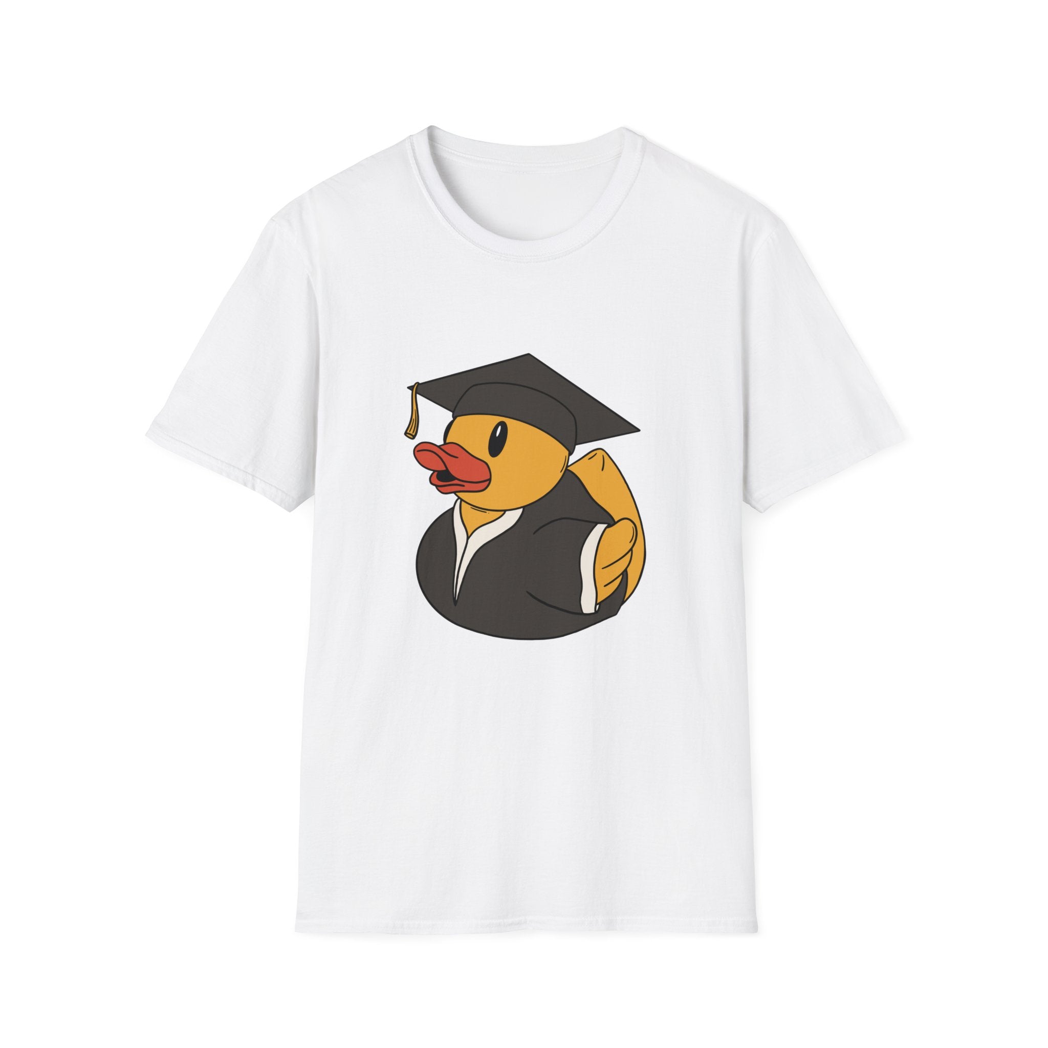 The Educated Duck T-Shirt showcases a white design with a graphic of a rubber duck wearing a graduation cap and gown, capturing the essence of nerd culture.