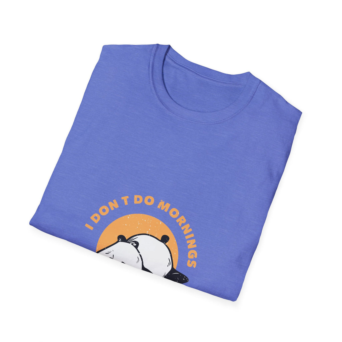 'I Don't Do Mornings' sleepy panda print folded on periwinkle purple t-shirt, funny sunrise graphic gift