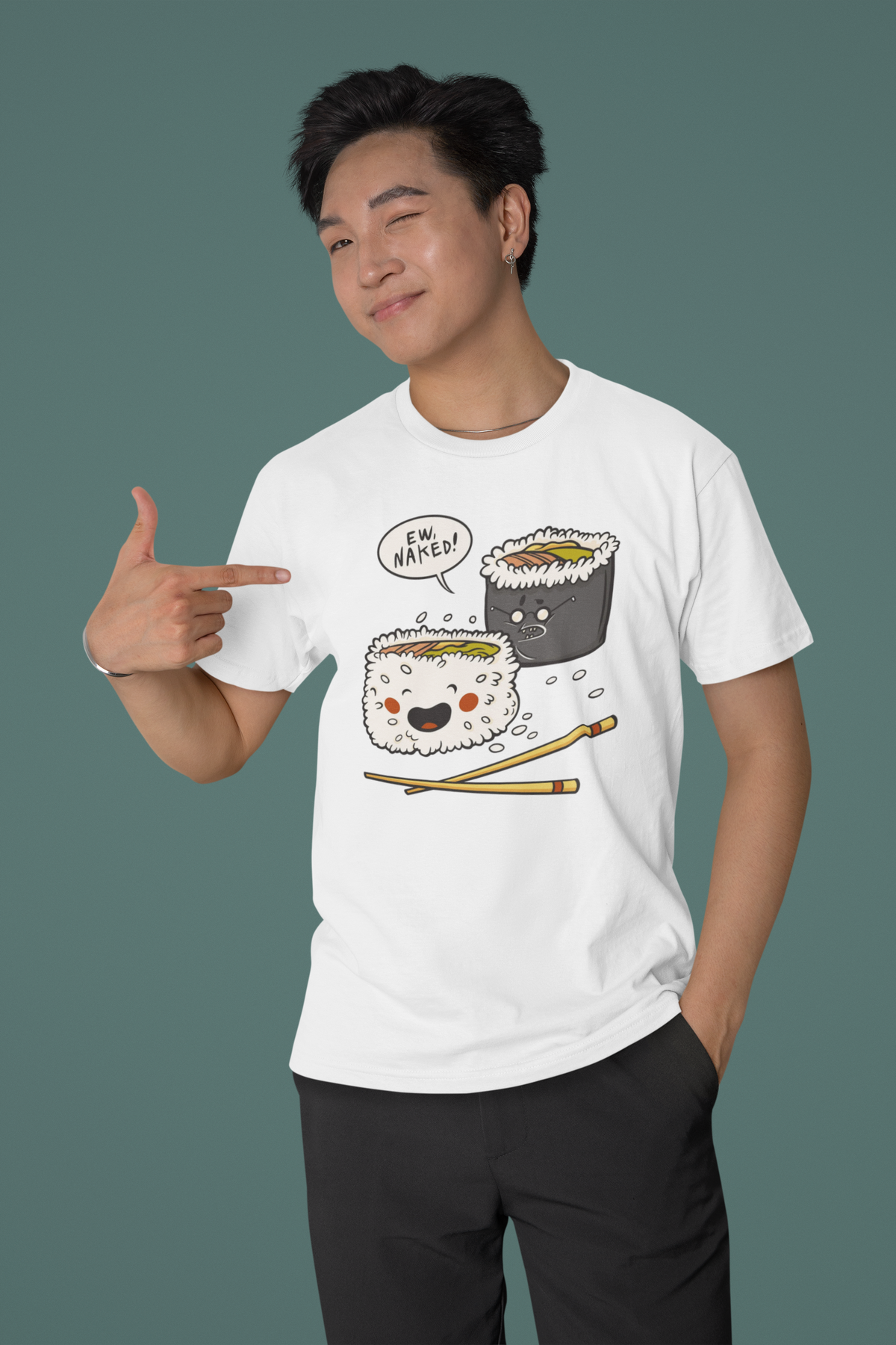 'I'm Baked' sushi t-shirt in white, smiling man pointing at it, funny foodie pun gift shirt