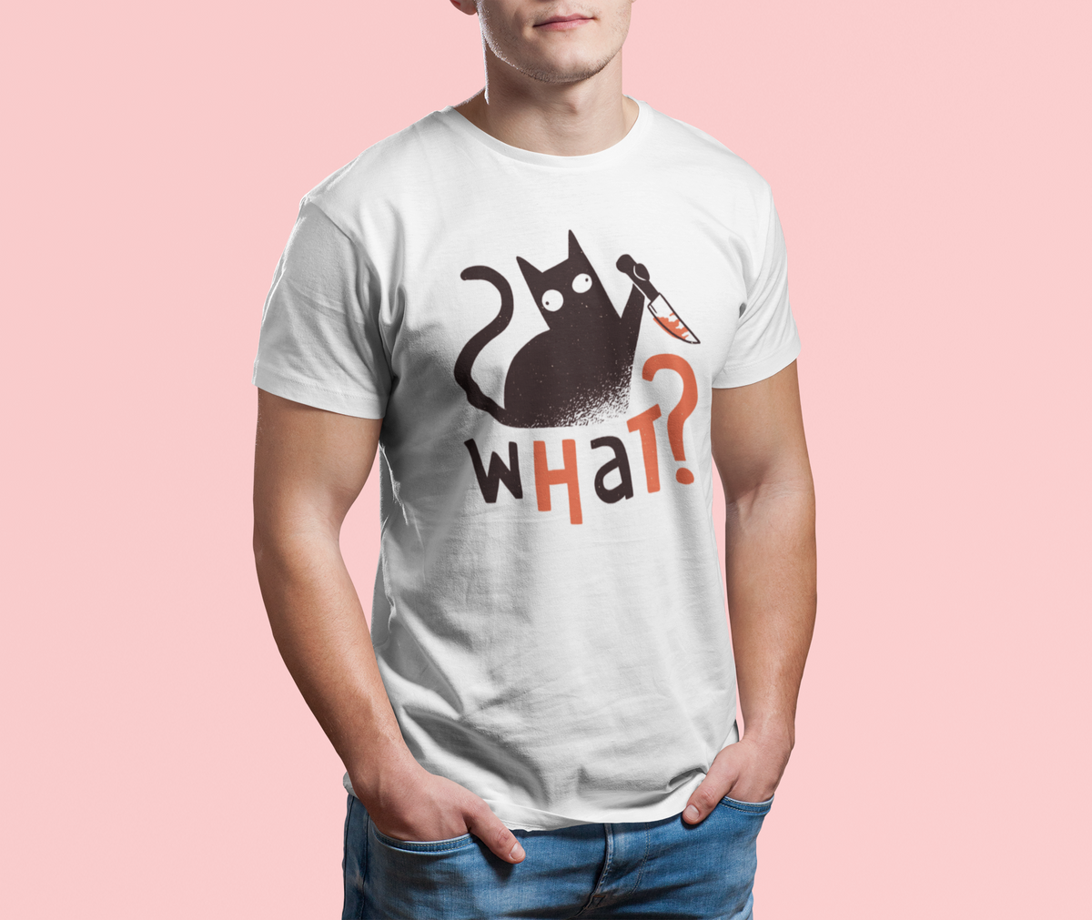 'What?' knife cat t-shirt in white, man wearing it on pink background