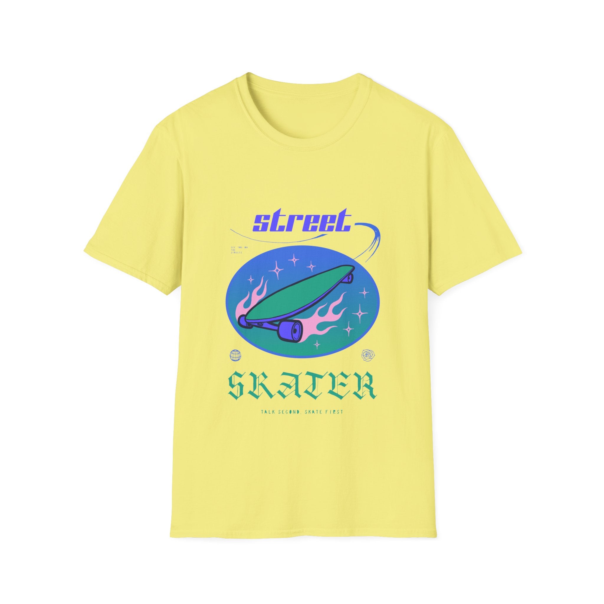 The Street Skater T-Shirt showcases a design of a flaming skateboard, highlighted by vibrant "Street Skater" text in striking purple and green. Made from lightweight fabric, it's ideal for keeping cool while displaying your skate skills.