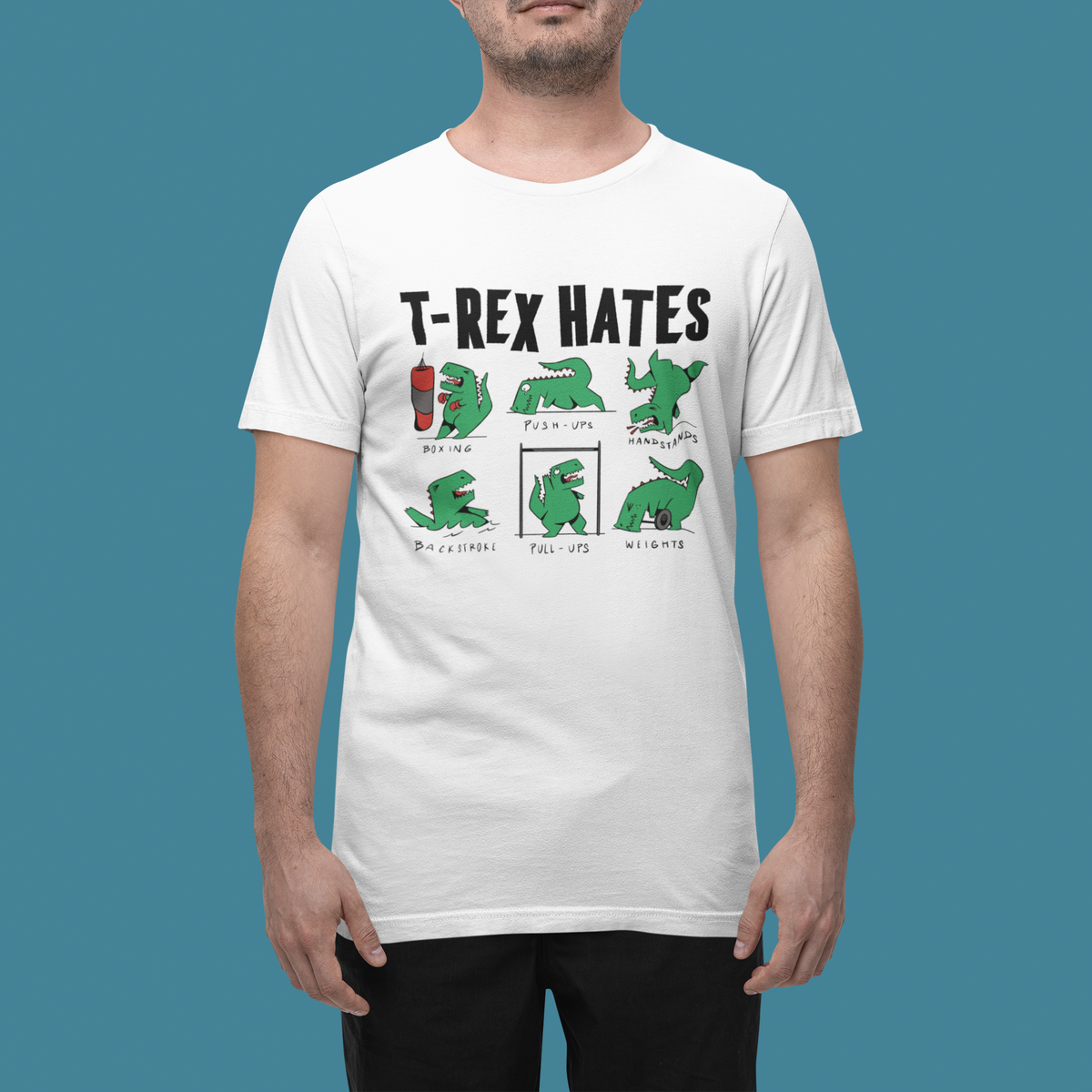 T-Rex Hates Organic T-Shirt | Funny Dinosaur Short Arms Humor | Geekpsters