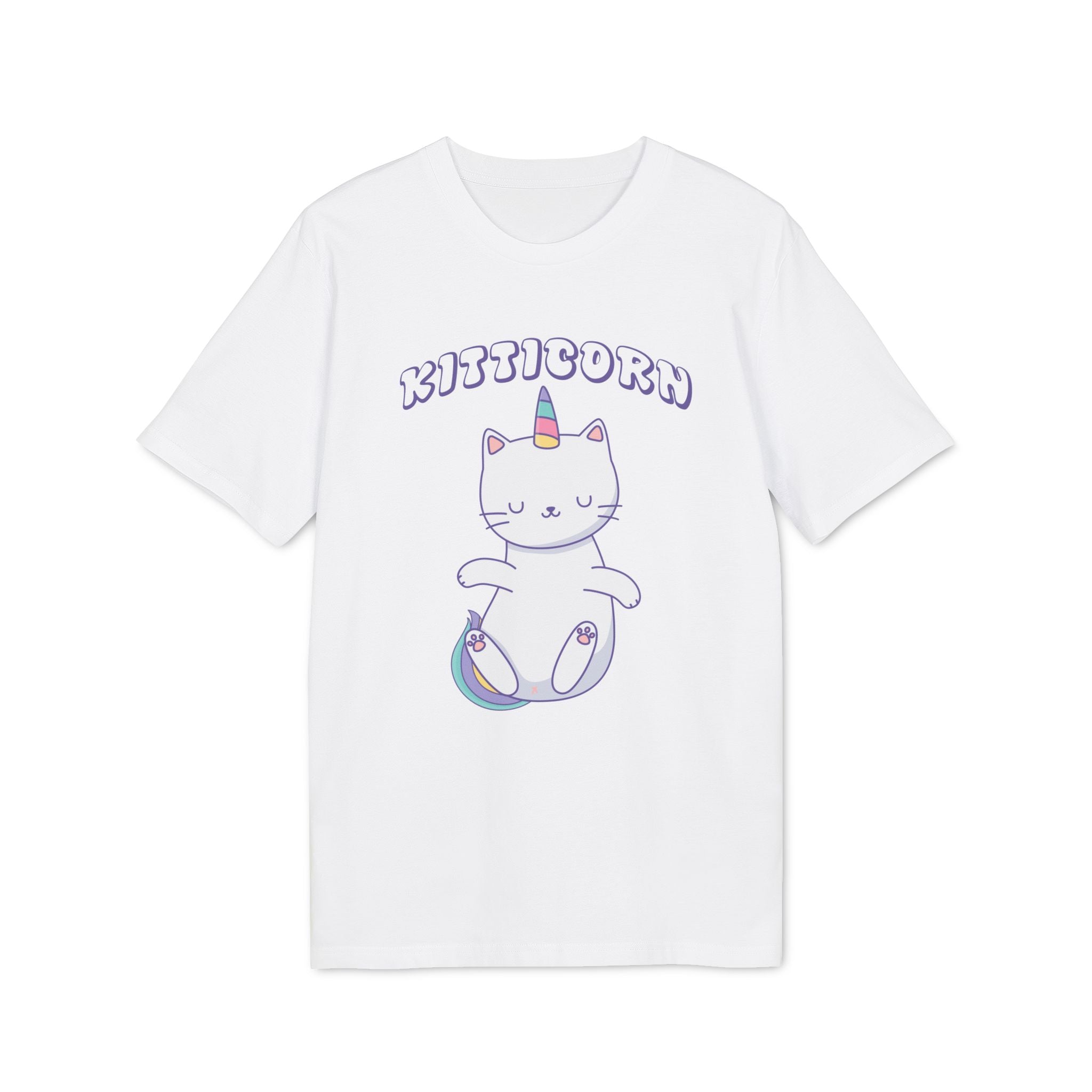 The Organic T-Shirt - Kitticorn Design is a white tee featuring a unicorn cat with rainbow tail and horn, plus "KITTIcorn" in purple bubble letters—a purrfectly unique gift for cat lovers.