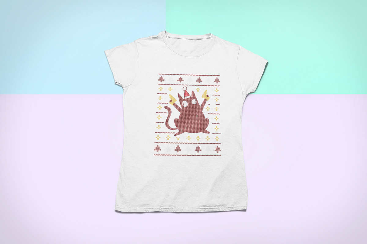 Ugly Sweater Cat Women's T-Shirt | Festive Cat Graphic Tee | Holiday Gift for Her | Geekpsters
