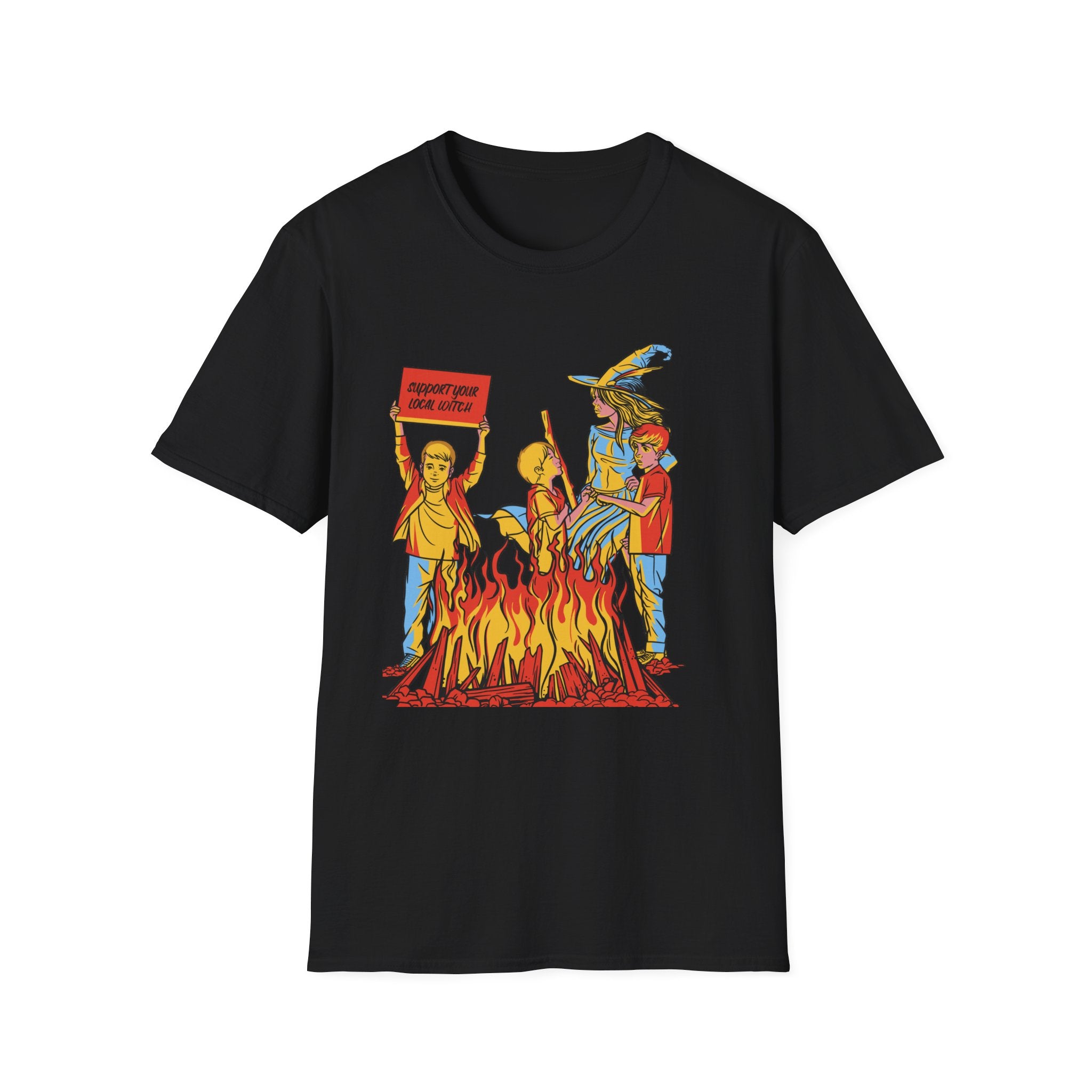 A depiction of three individuals gathered around a fire, with one showcasing a "support your local wizard" sign, complete with a wizard hat and staff nearby. Their distinct style is enhanced by someone wearing the "We Love Witches T-Shirt," adding a mystical flair to this enchanting scene.