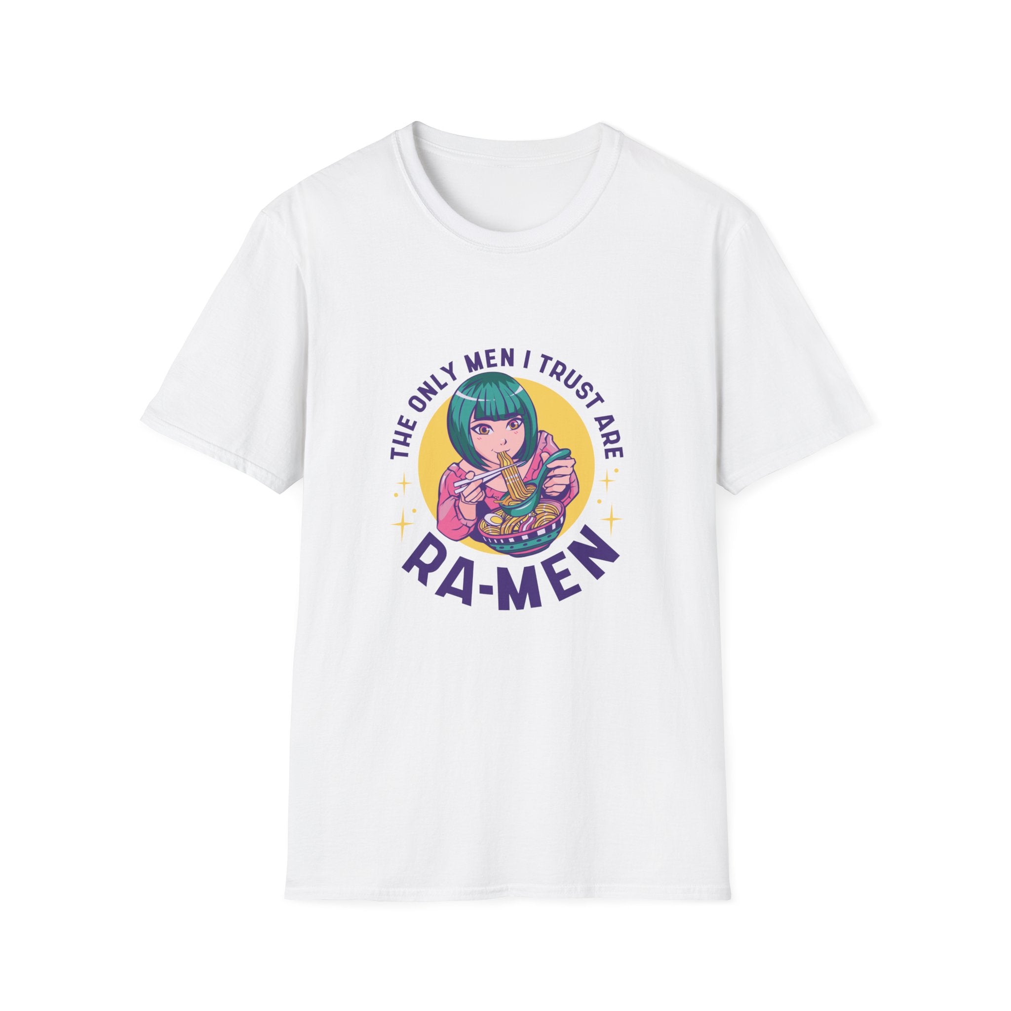 The Raman Girl T-Shirt is a white tee with a cartoon enjoying ramen, featuring the text: "The only men I trust are RA-MEN." Crafted from soft cotton, it's ideal for casual wear.