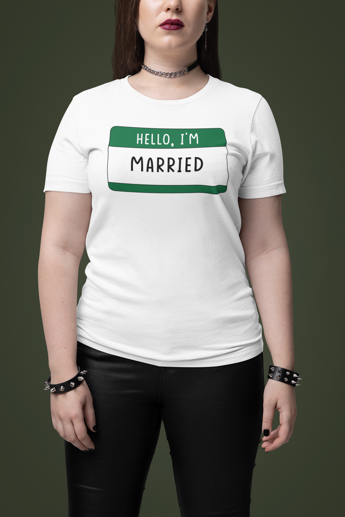 Hello I'm Married name tag T-shirt in white, woman wearing it against an olive backdrop, gift tee