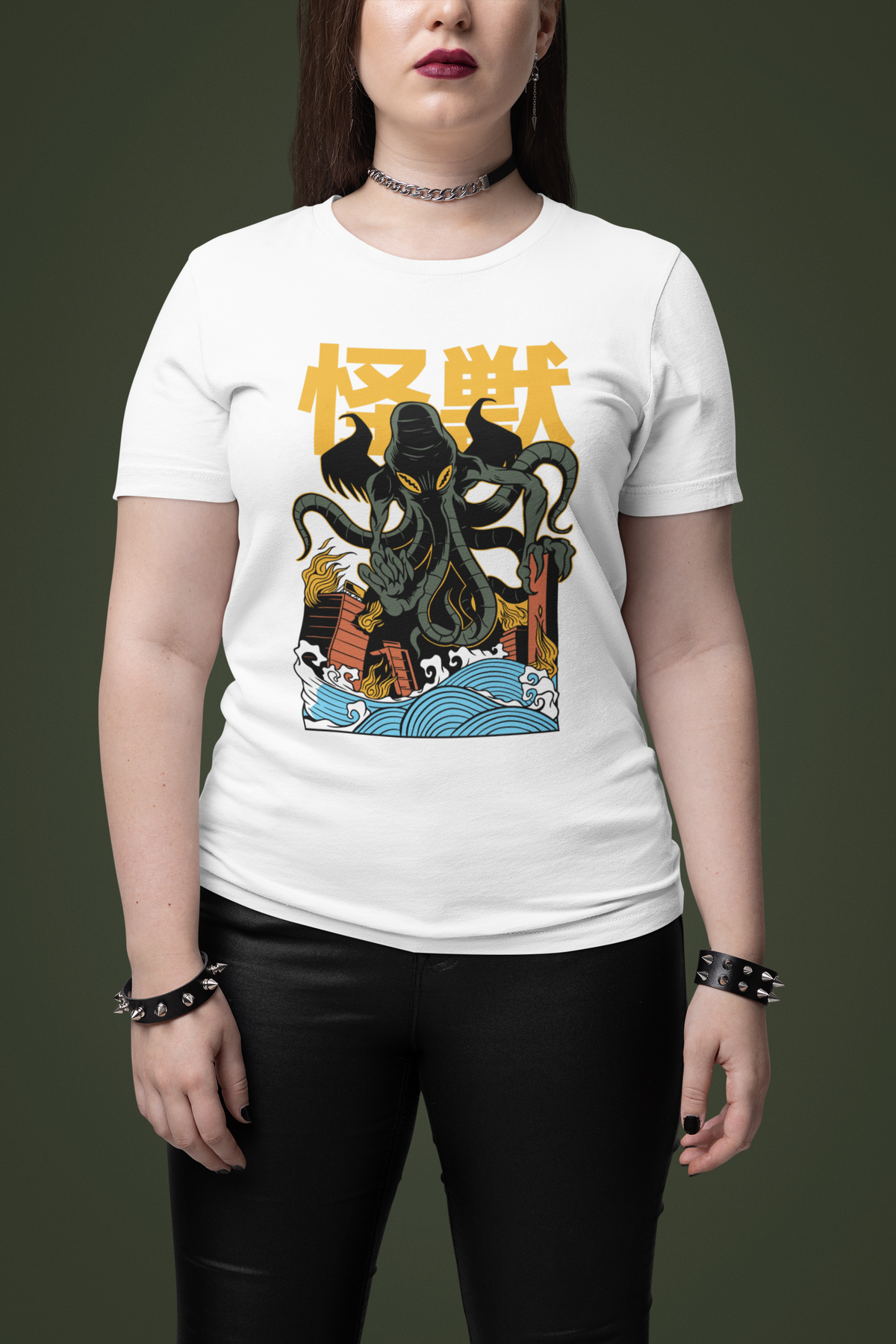 'Kaiju' Cthulhu tentacle monster t-shirt in white, woman wearing it, funny horror fan gift idea