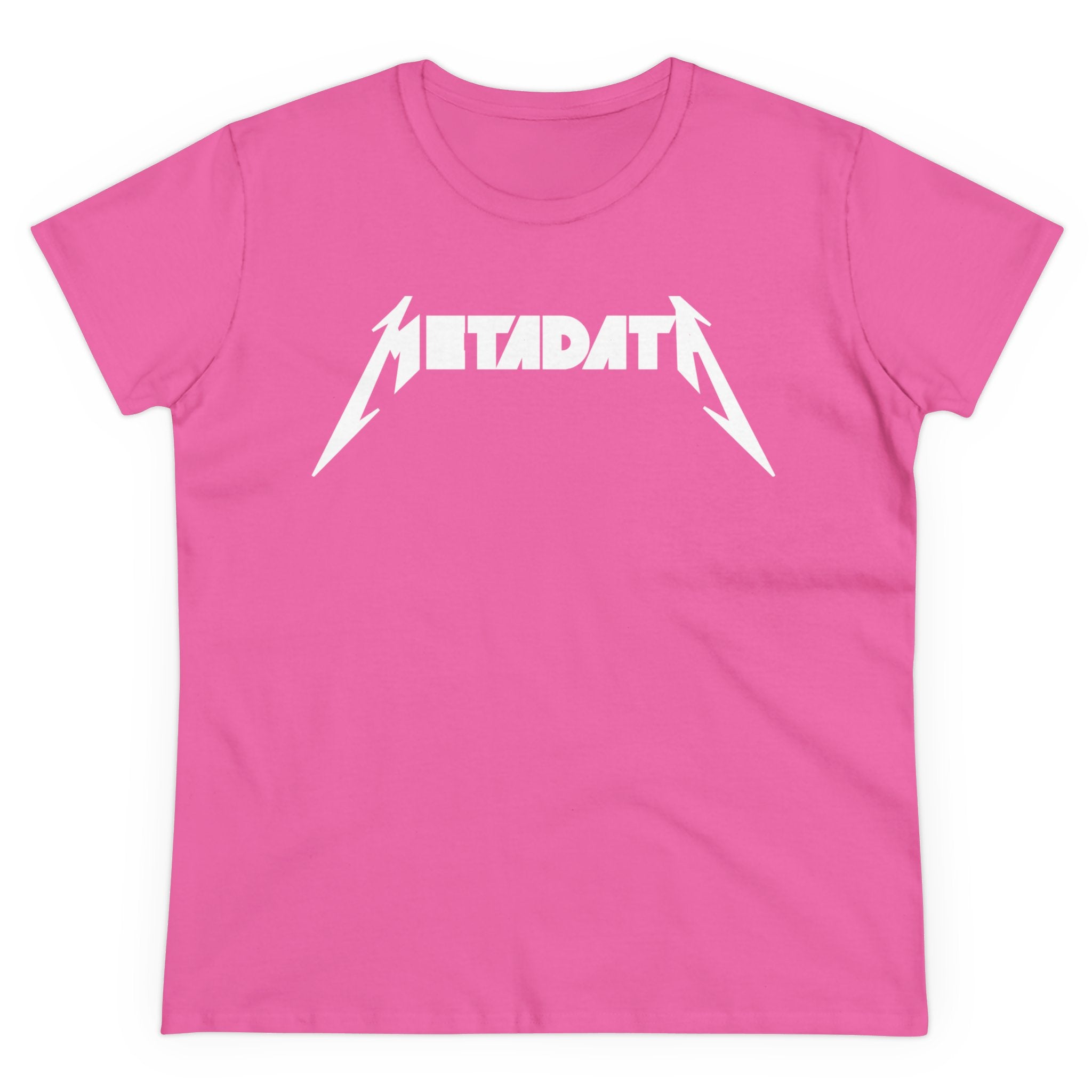 The Metadata - Women's Tee is crafted from soft cotton and features a semi-fitted silhouette with the word "METADATA" boldly emblazoned on the pink front.