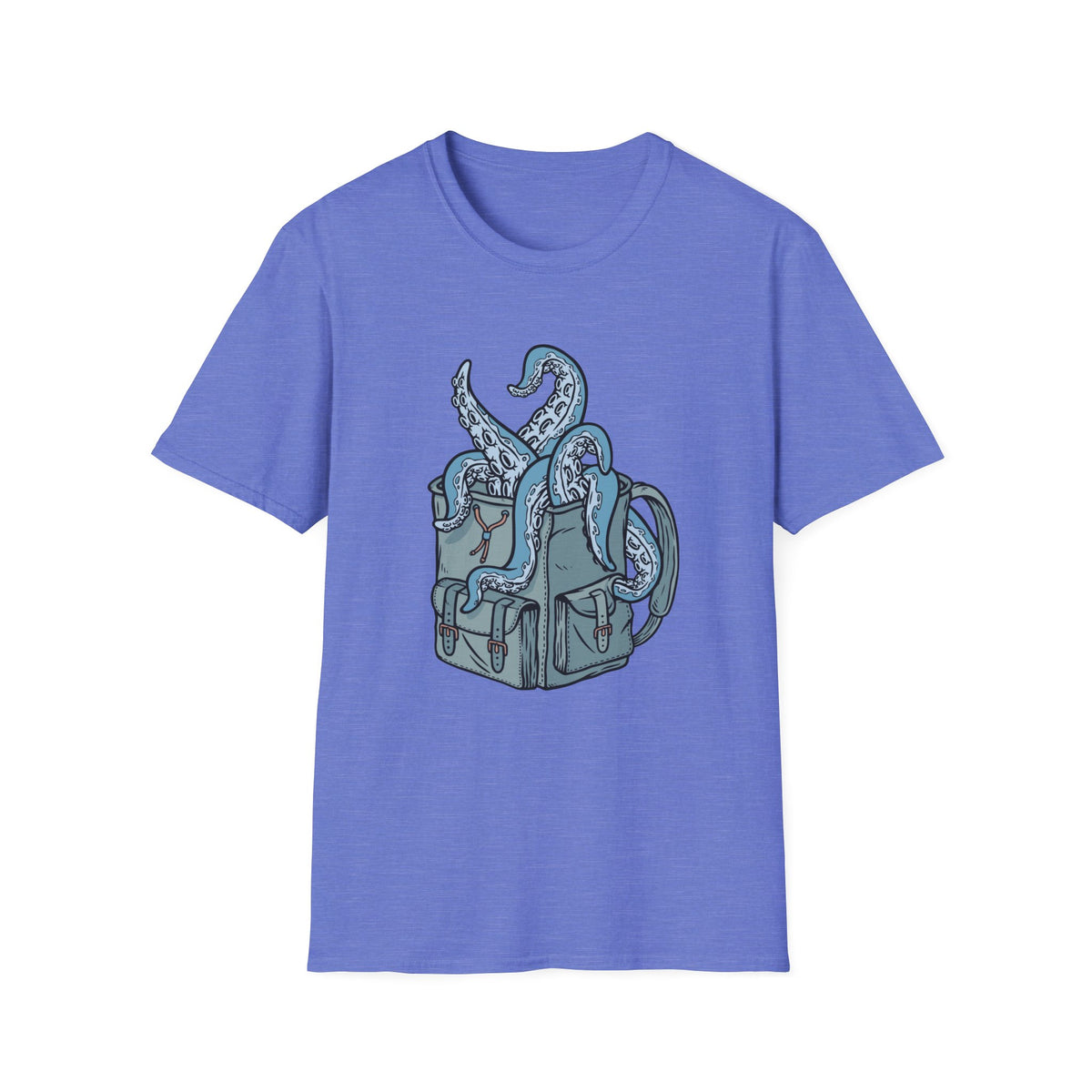 'Octopus Comes Out of the Bag' t-shirt in heather royal, flat lay front, funny gift for backpackers