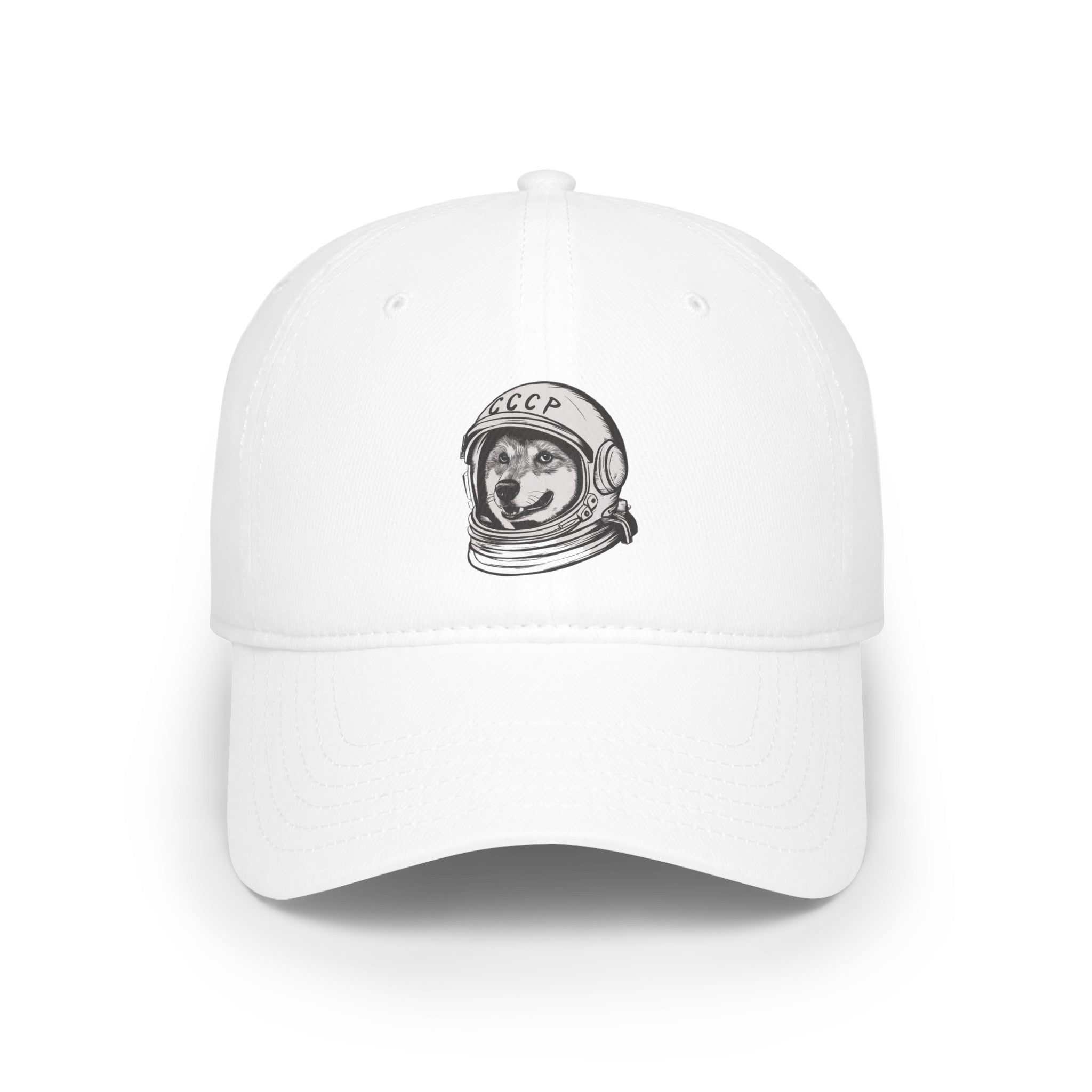 The CCCP Astronaut Dog - Hat is a white baseball cap featuring a minimalist illustration of a CCCP astronaut dog wearing a space helmet with "CCCP" written on it.
