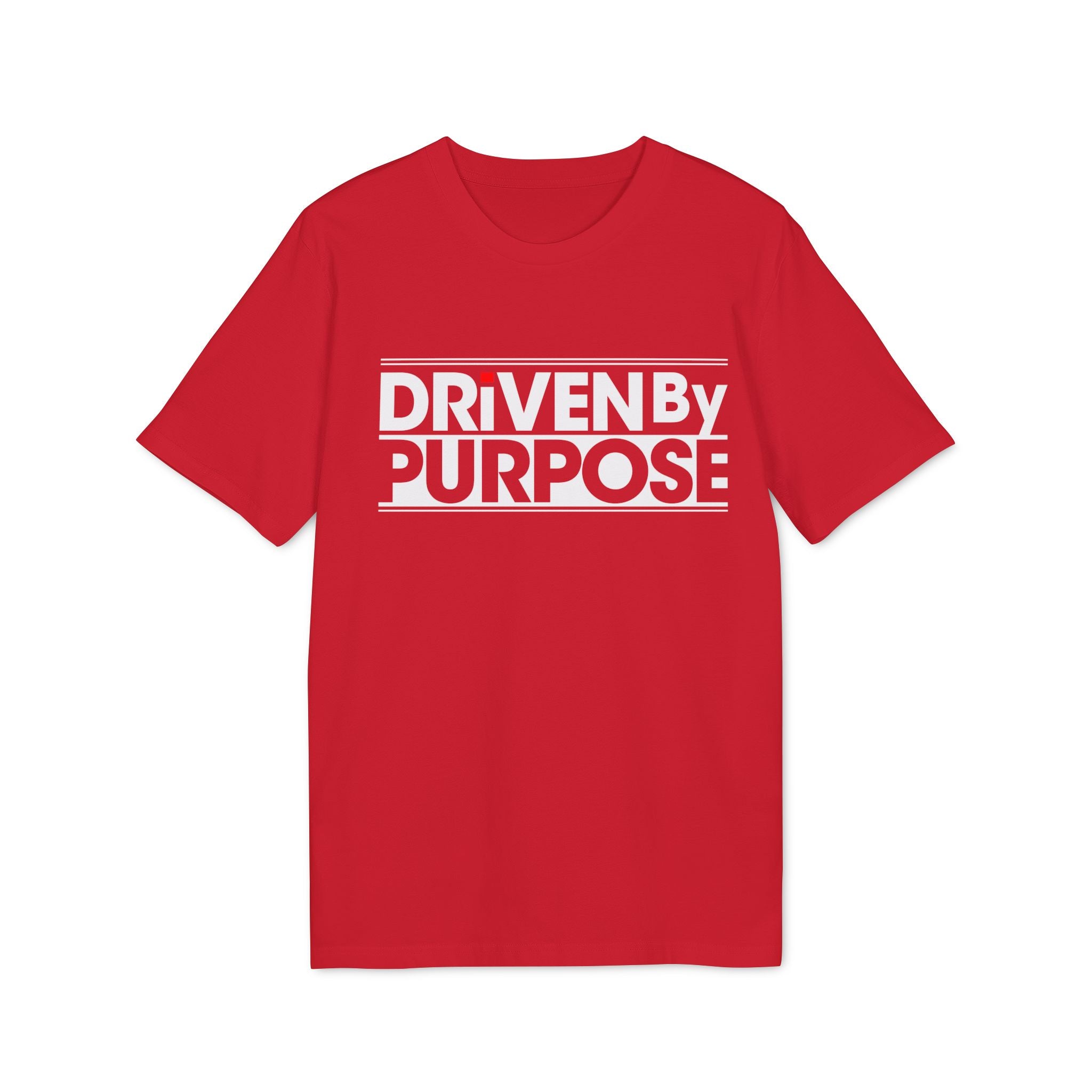 The Driven by Purpose - Organic T-Shirt is an eco-friendly red tee made from organic cotton, with "DRIVEN BY PURPOSE" printed in bold white capital letters on the chest.