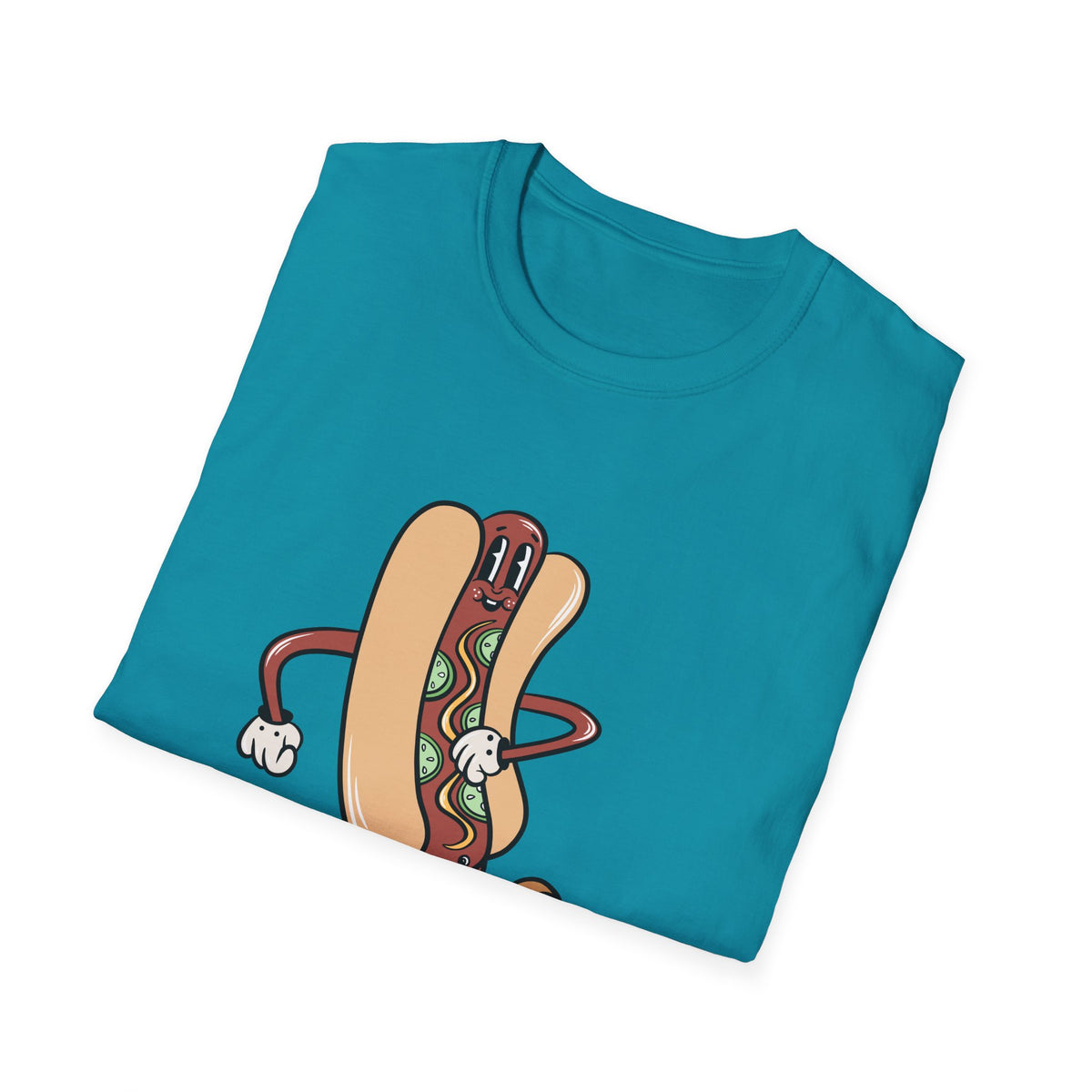 Hotdog Cartoon t-shirt in tropical blue, folded flat lay showing front print, funny foodie gift