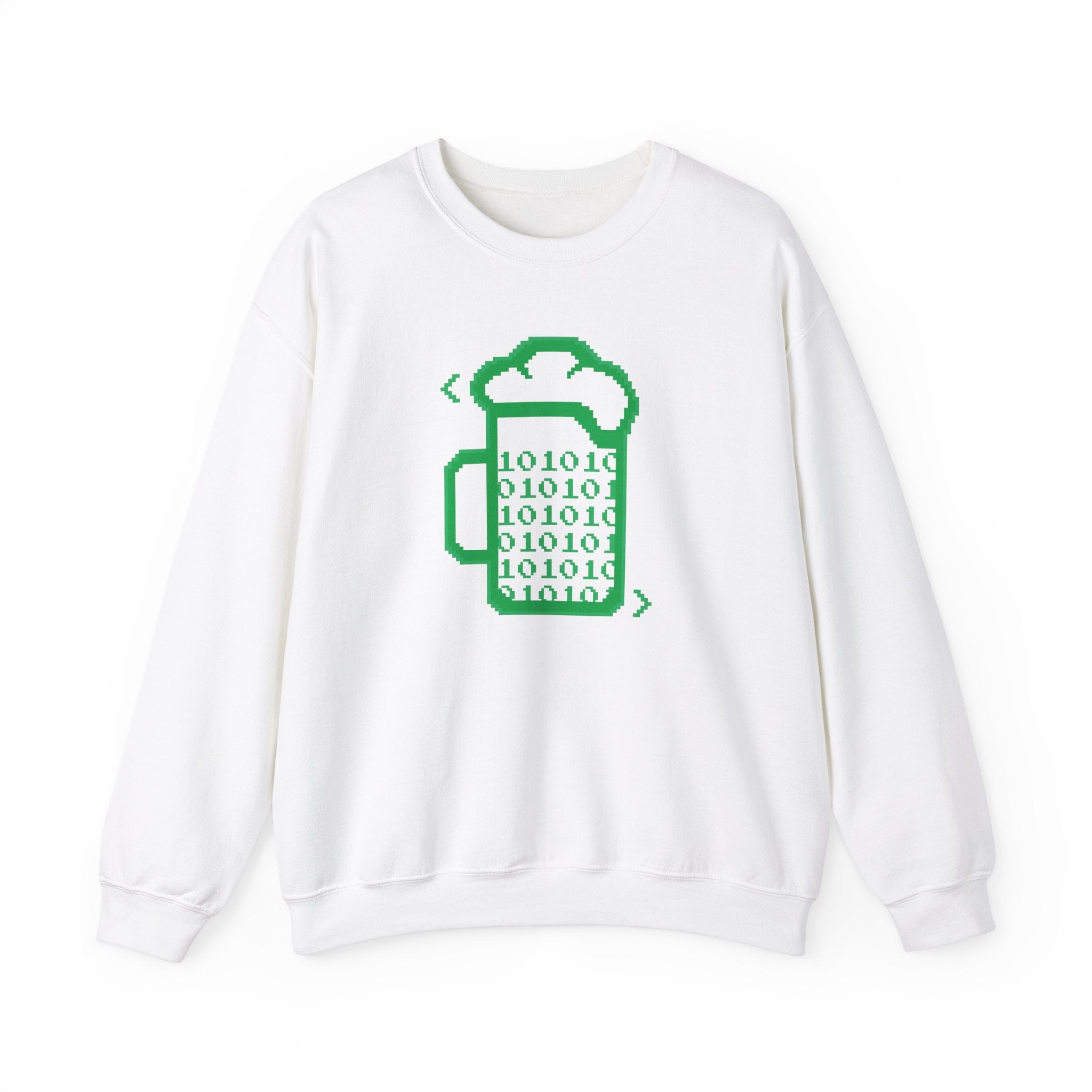 Show off your geek pride with the "Beer Code - Sweatshirt"—a white sweatshirt featuring a green pixel art beer mug filled with binary code. Ideal for fans of unique nerd and Geek T-Shirts, displayed on a plain background.