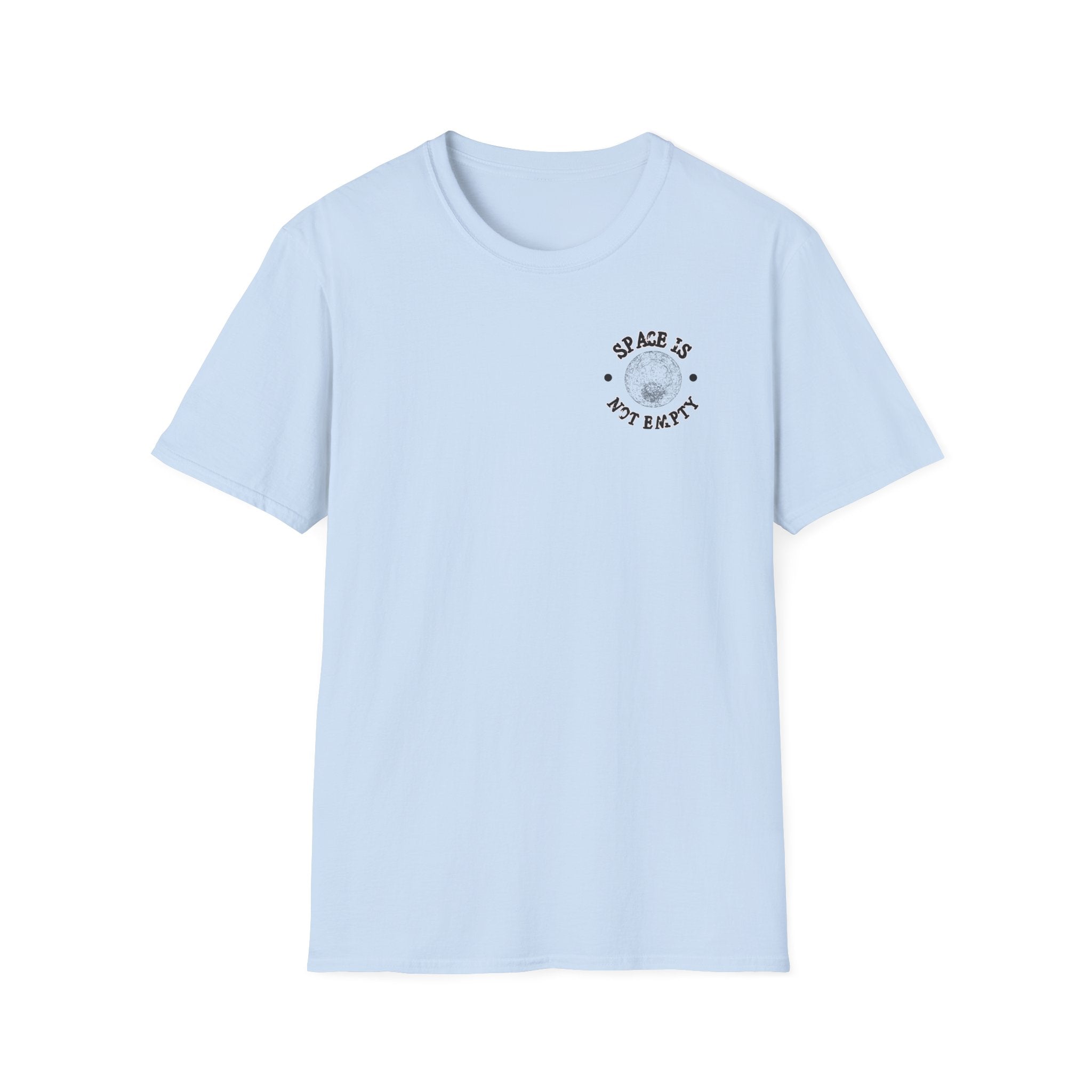 The Deep Deep Space T-Shirt in light blue features a small Earth illustration with "Space is not empty" on the front left side, ideal for galaxy-gazing enthusiasts.