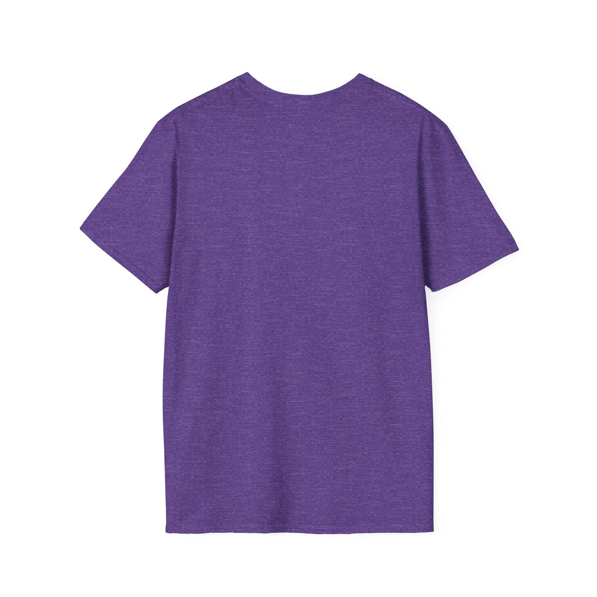 A plain purple "Never Too Late to Skate" T-shirt is depicted from the back, set against a white background.