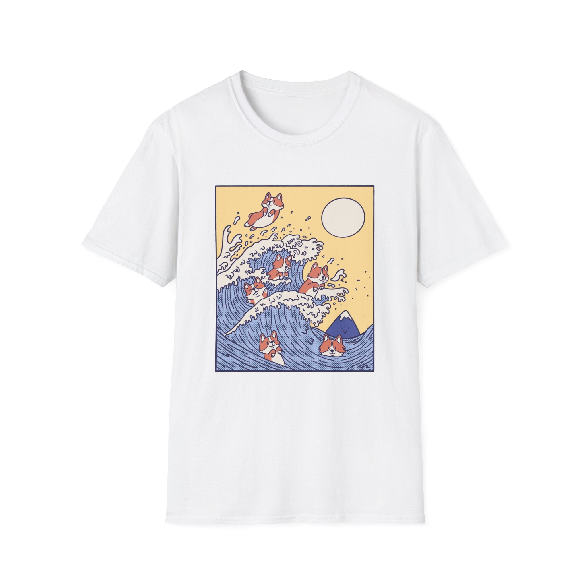 Experience an aquatic adventure with the Wave of Pets T-Shirt, featuring a playful design of cartoon cats riding a giant ocean wave beneath the sun.
