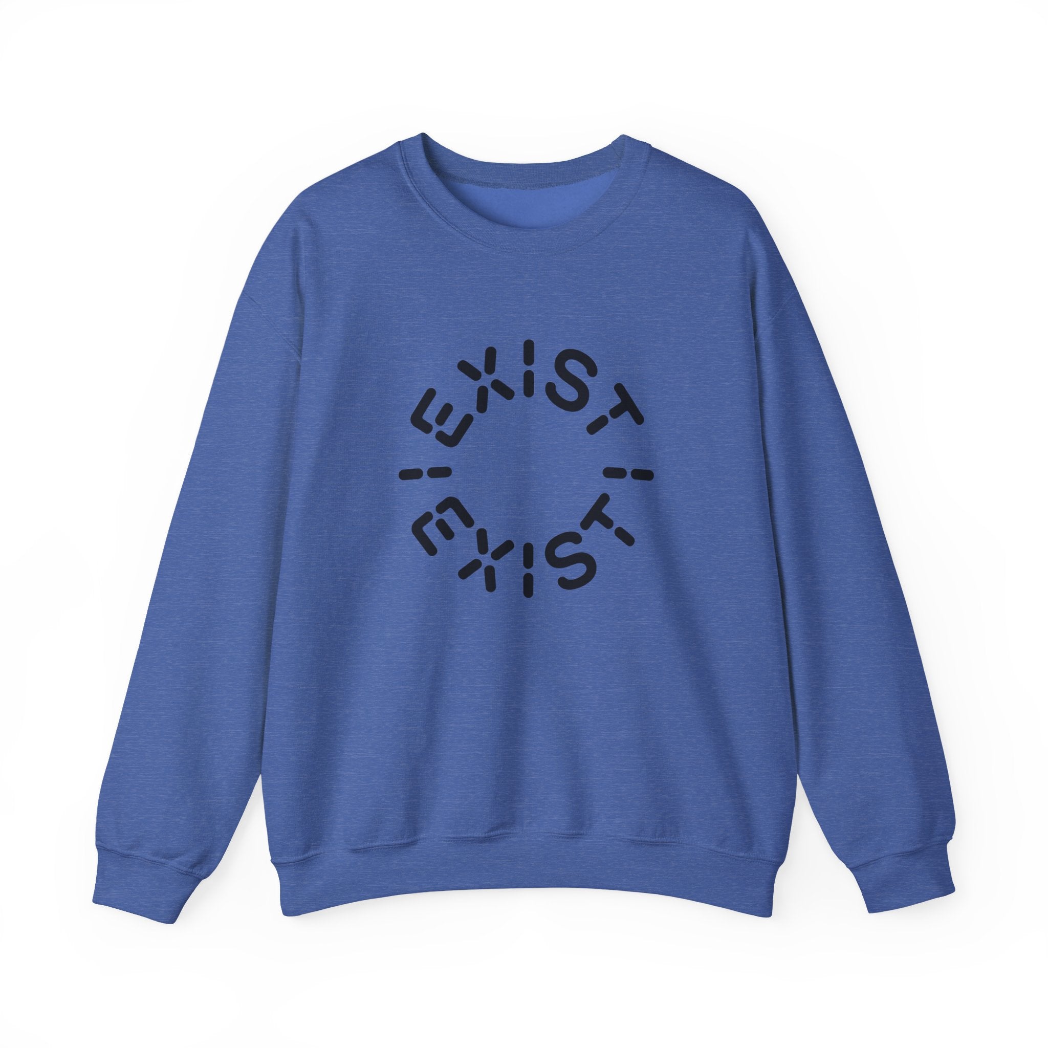The Exist Exist - Sweatshirt is a blue crewneck with "EXIST" printed three times in a black circular pattern—an eco-friendly pick for space enthusiasts.