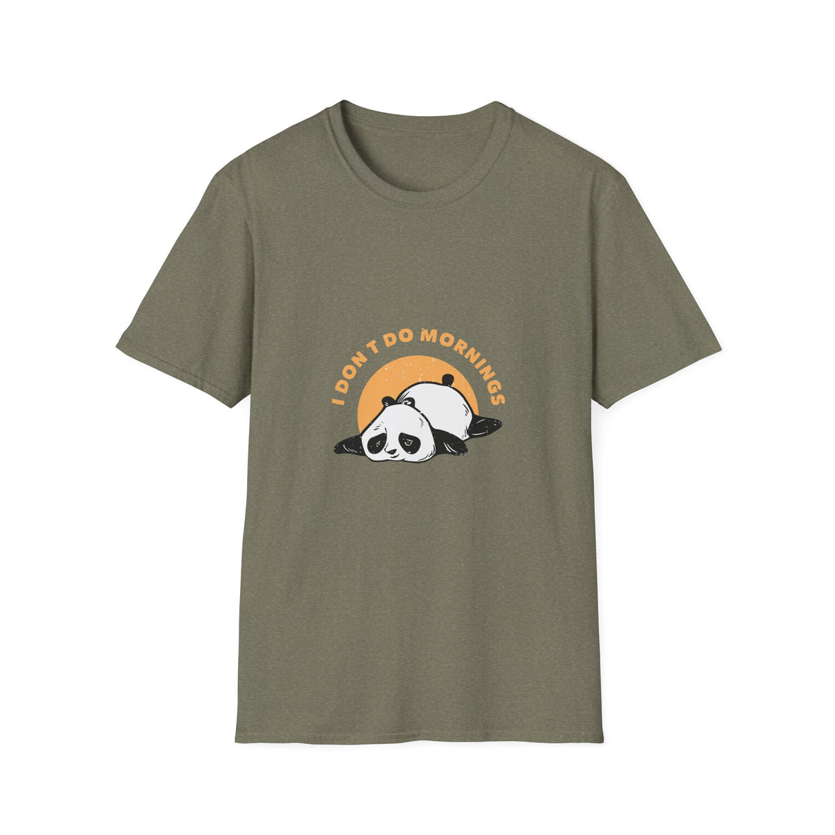 'I Don't Do Mornings' sleepy panda t-shirt in heather military green, funny sunrise graphic tee