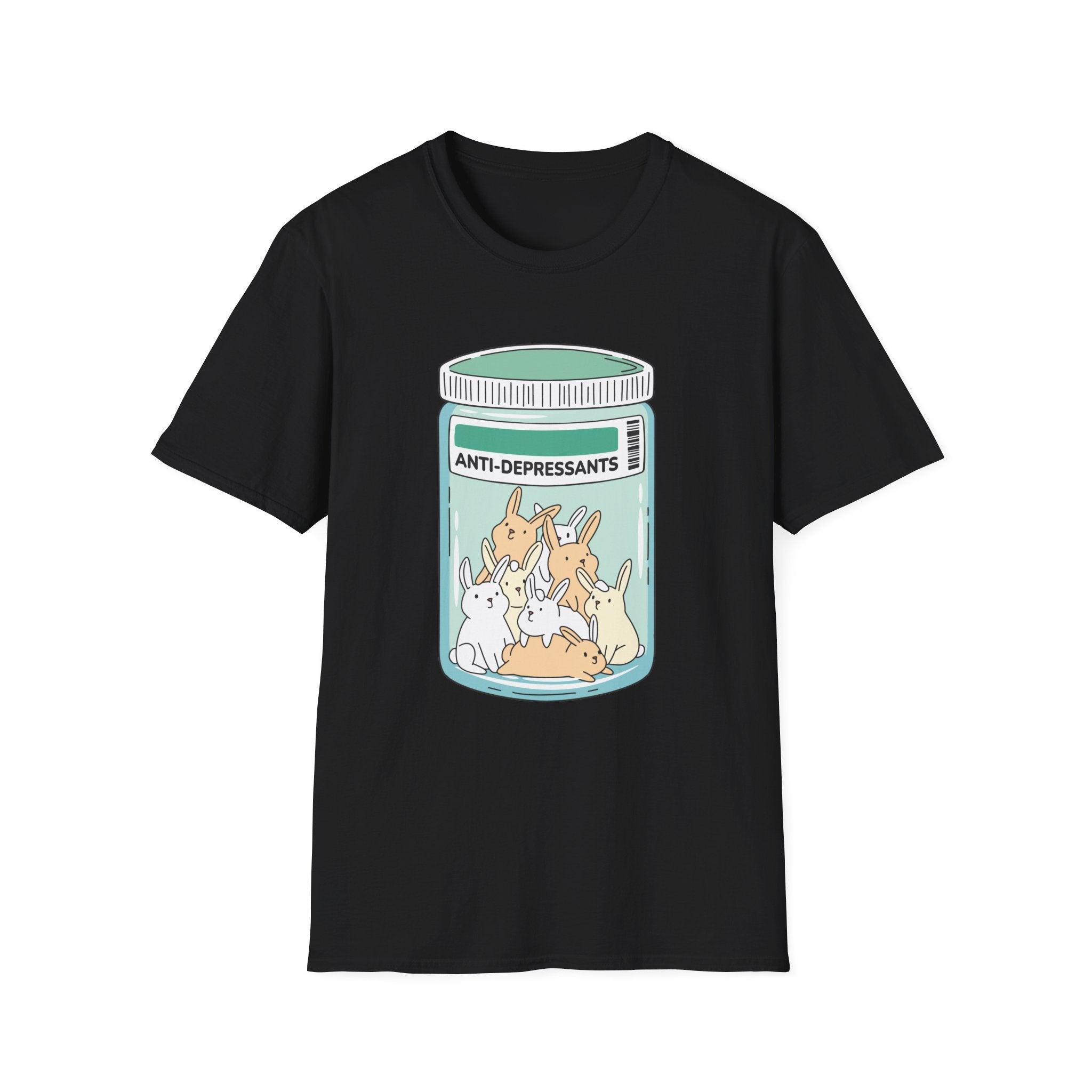 The Antidepressants Bunnies T-Shirt showcases bunnies in a jar labeled "Anti-Depressants," ideal for nerdy casual days. Embrace your inner geek with this quirky, charming design.