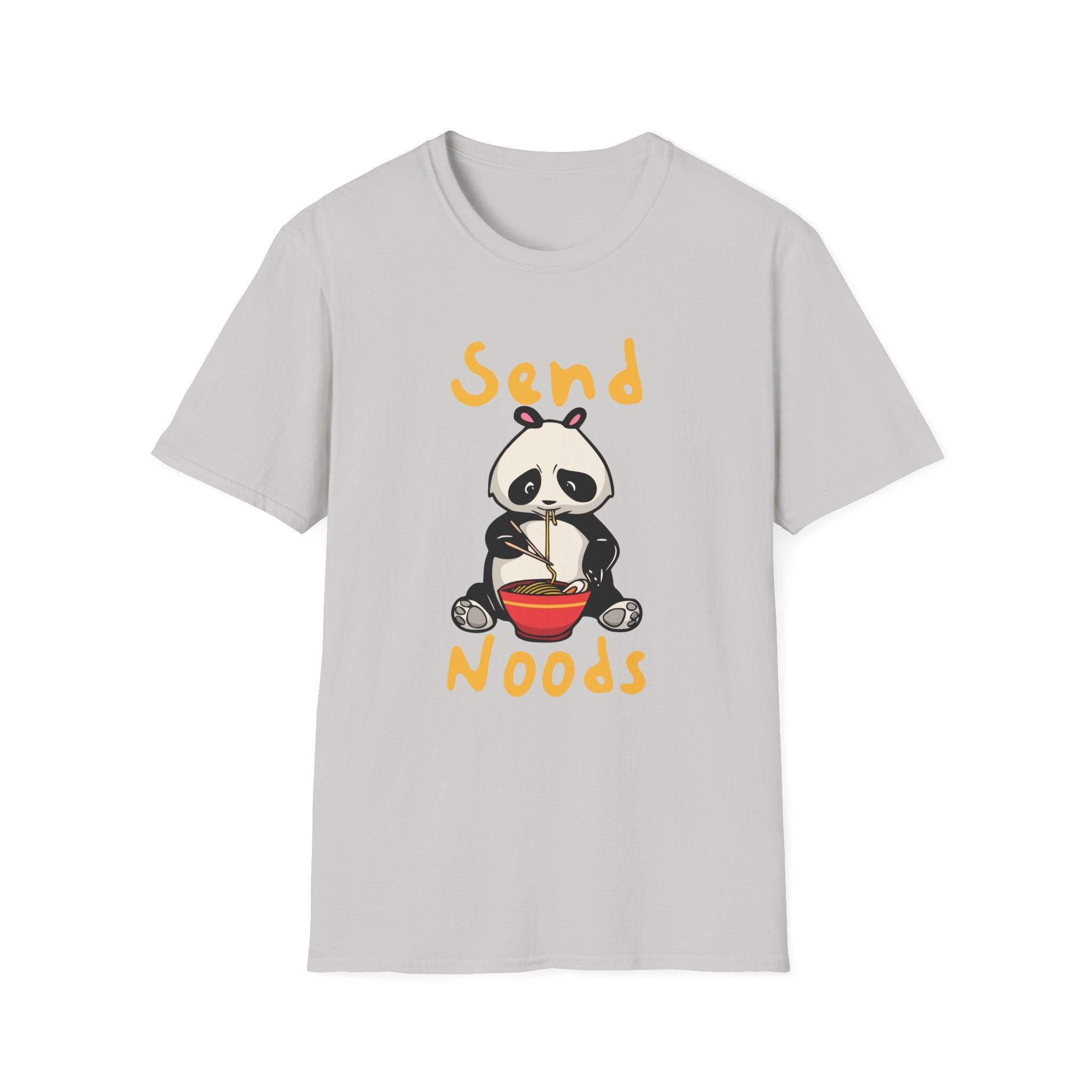 The Send Noods T-Shirt showcases a charming cartoon panda enjoying noodles, surrounded by the witty phrase 'Send Noods.' It's a stylish choice for anyone who appreciates blending humor with fashion.