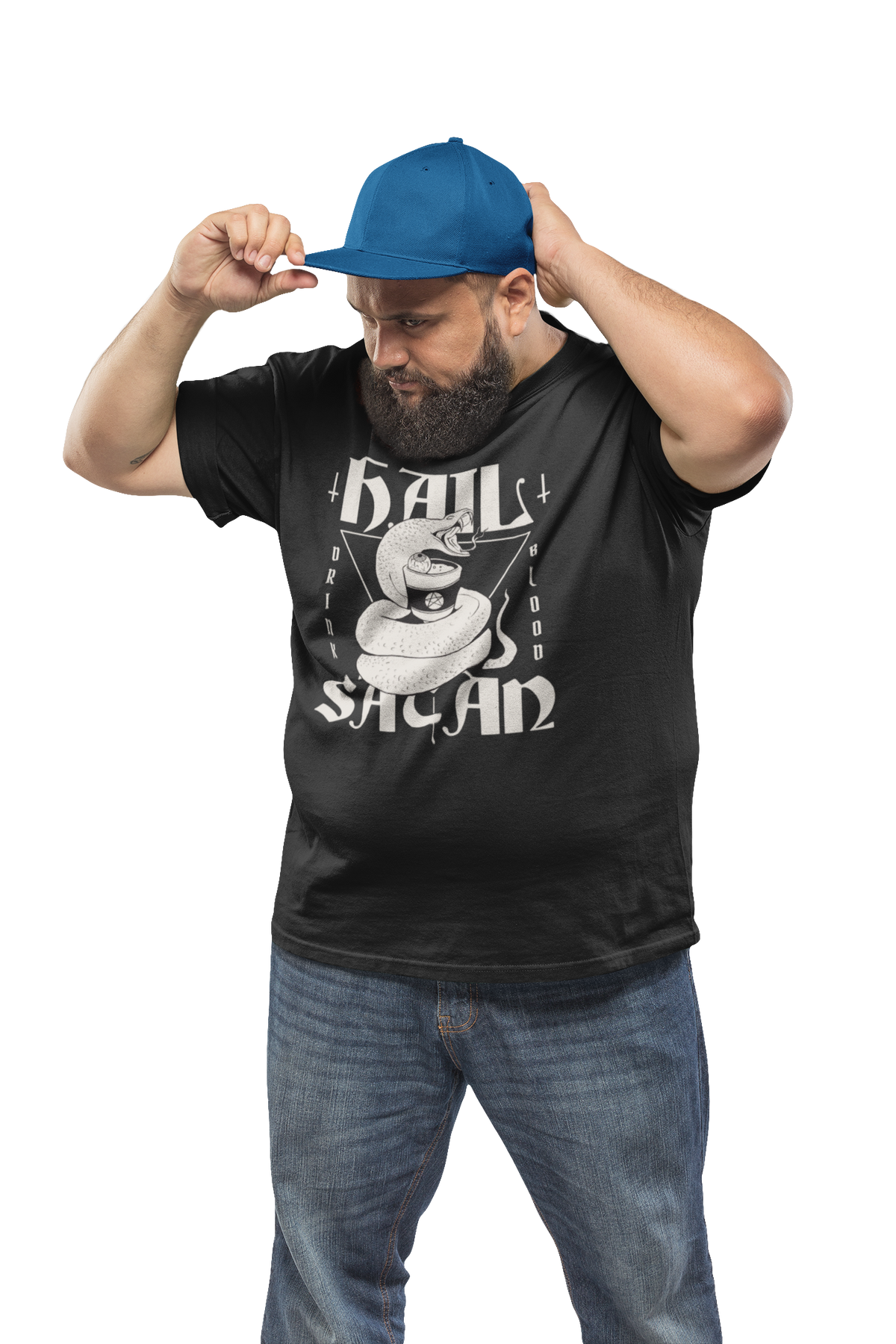 'Hail Satan' t-shirt in black, man in a cap wearing it
