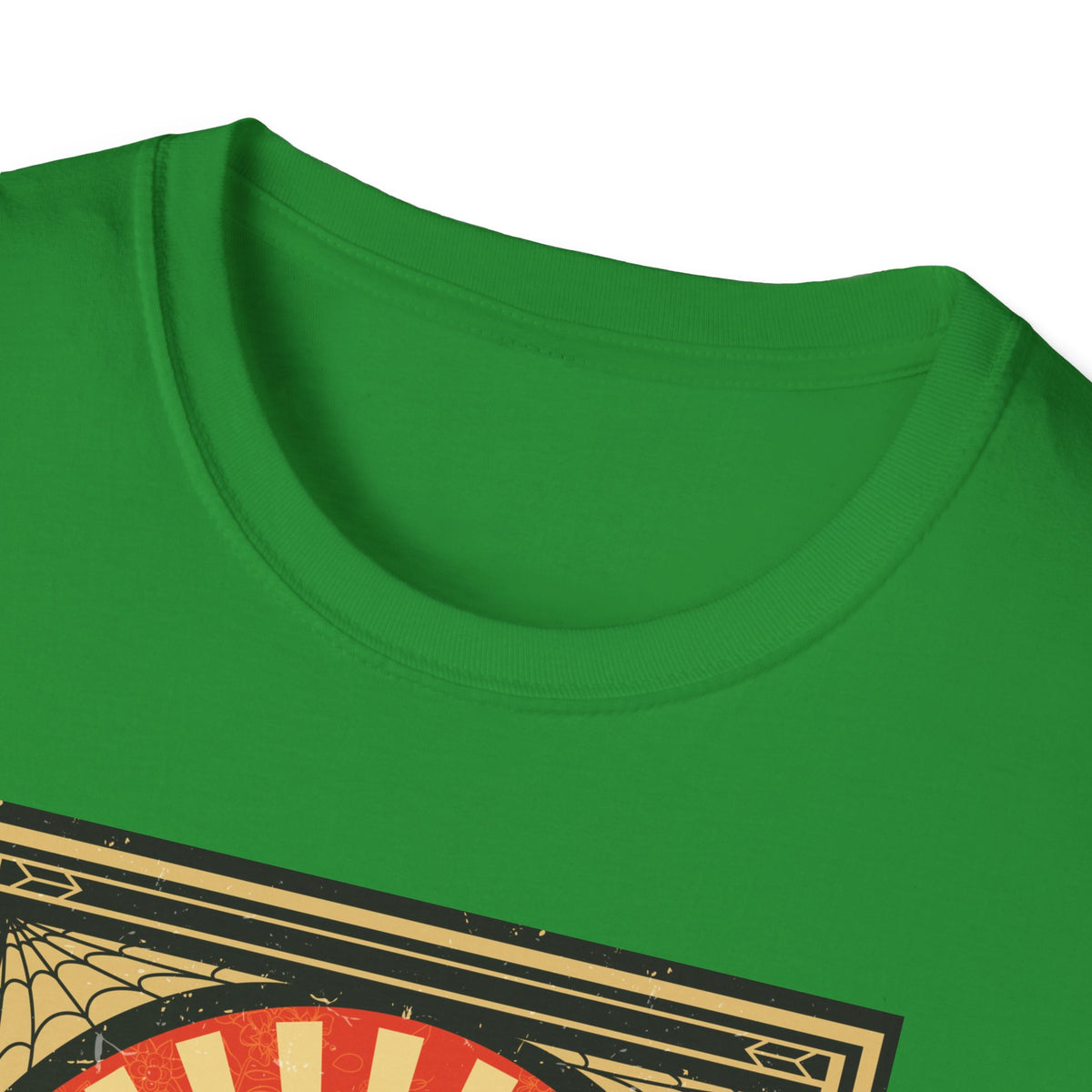 Close-up of 'Mexican Wrestler' t-shirt neckline in green, funny lucha libre graphic tee fabric detail