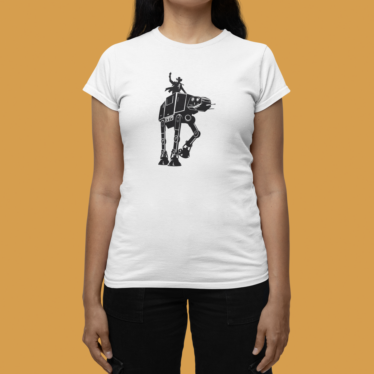 'Riding AT-AT' womens tee in white with robotic walker illustration, woman wearing it, sci fi nerd gift