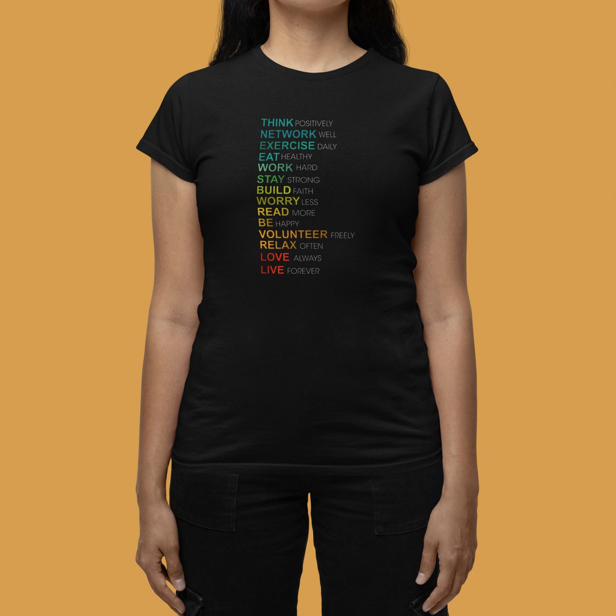 Think positive word list women's t-shirt in black, woman wearing it, motivational graphic tee