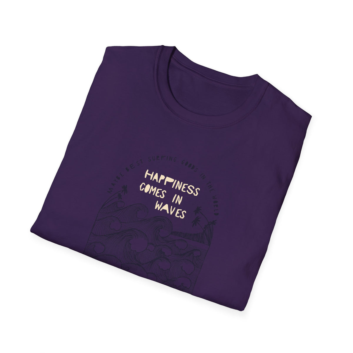 ‘Happiness Comes in Waves’ purple tee, folded showing surf wave arch graphic, surfer gift