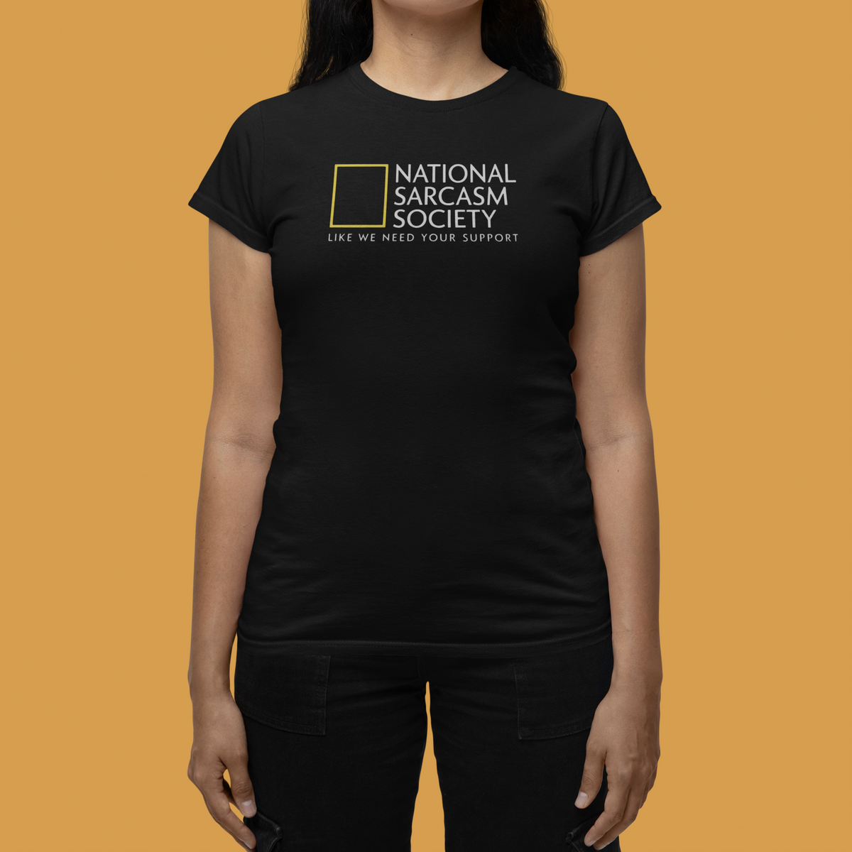 National Sarcasm Society t-shirt in black, close up of woman wearing it, funny gift idea
